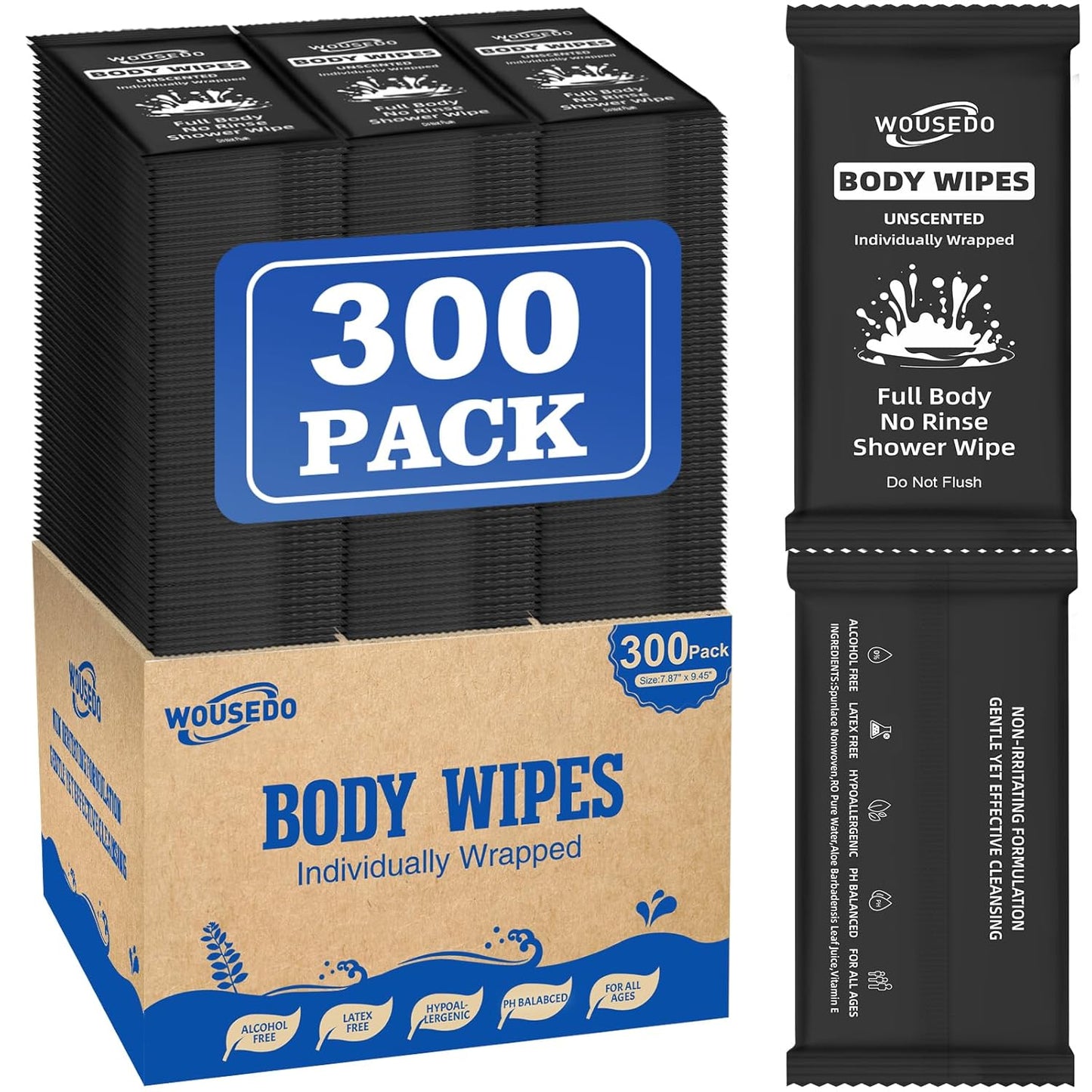 300 Pcs Ultra Thick Soft Large Body Wipes Individually Wrapped(7.87" x 9.45"),Shower Wipes for Adults Bathing No Rinse,Personal Cleansing Wipes for Travel Gym,Bulk Deodorant for Homeless.