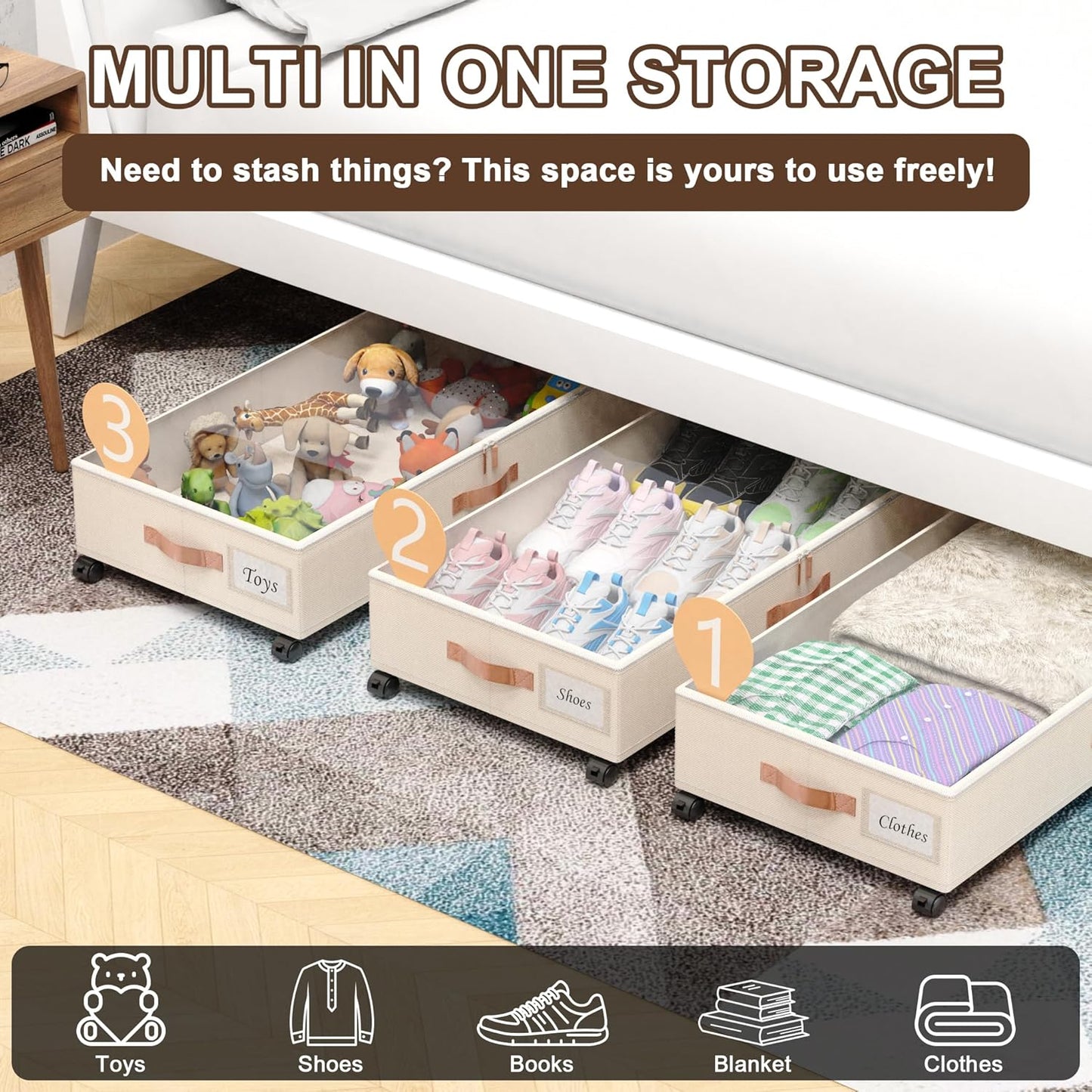Under Bed Storage with Wheels, 2-Pack Under Bed Storage Containers with Clear Lids, XXL 65L Under the bed storage Organizer Bins, Rolling Under Bed Metal Drawer for Clothes,Shoes,Toys (White, 2-Pack)