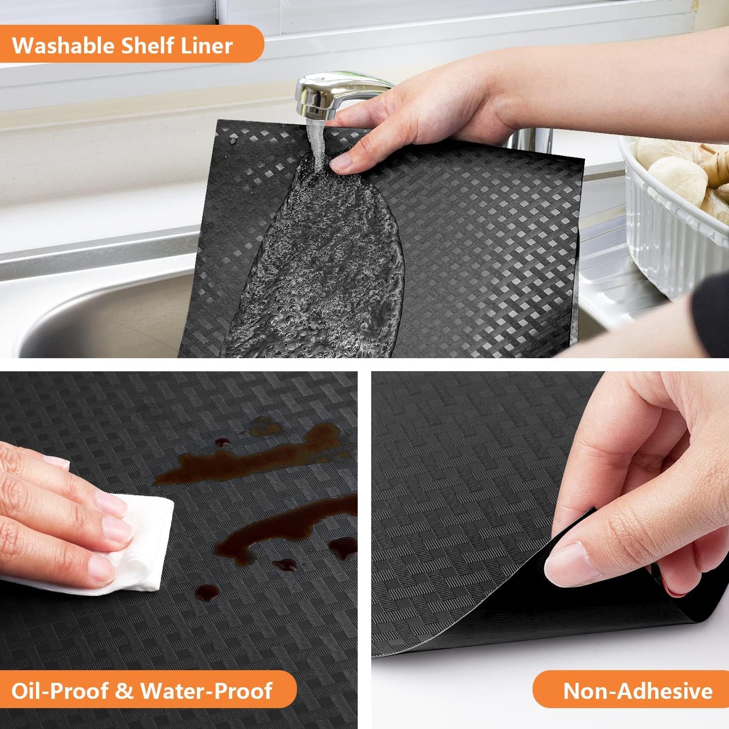 Shelf Liners for Kitchen Cabinets Refrigerator Liners Waterproof Kitchen Cupboard Liner Non-Slip Drawer Mats EVA Material Non Adhesive Fridge Liner for Shelves - Black（17.5 x 236.2 Inches x 2 Rolls