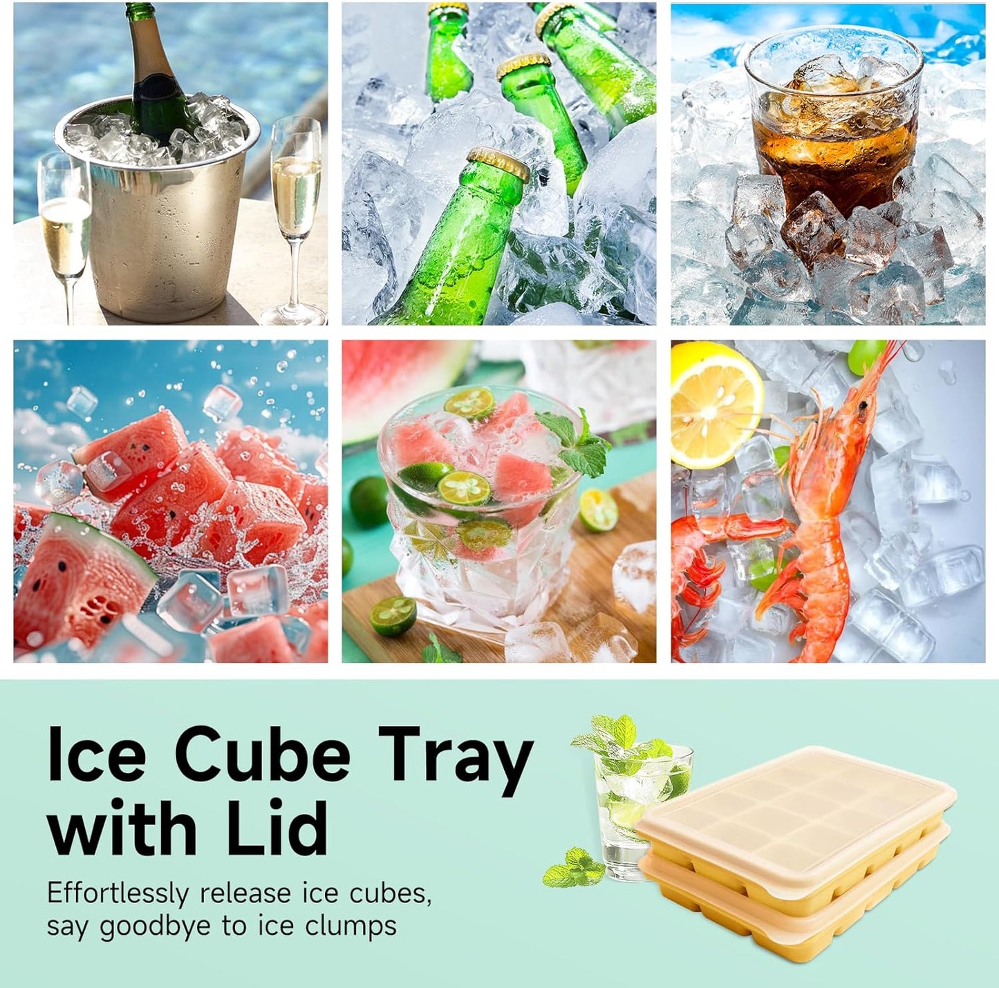 Tvmania Ice Cube Trays Set of 2, Easy Release 15 Flexible Silicone Ice Cube Molds with Removable Lid Reusable Freezer Ice Trays Stackable for Whiskey, Baby Food, BPA Free (yellow)