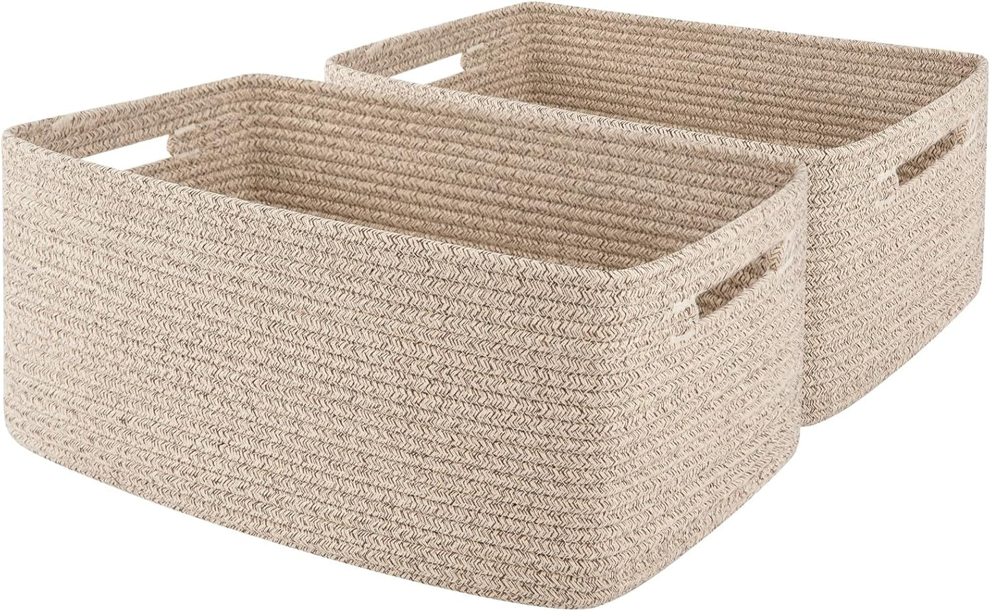 OIAHOMY Storage Basket for Shelves, Closet Cube Storage Bins Baskets for Clothes Blanket Towels, Baby Nursery, Toy Baskets Box, Woven Rope Basket, 17.72*12.99*7.87 IN, 2 Packs Brown