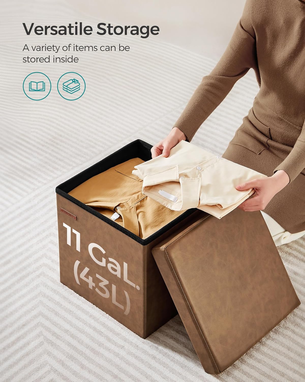 SONGMICS Mazie Collection - 15 Inches Ottoman with Storage, Footstool, Storage Ottoman, Load 660 lb, for Dorm, Living Room, Bedroom, Synthetic Leather, Coffee Brown ULSF010K01