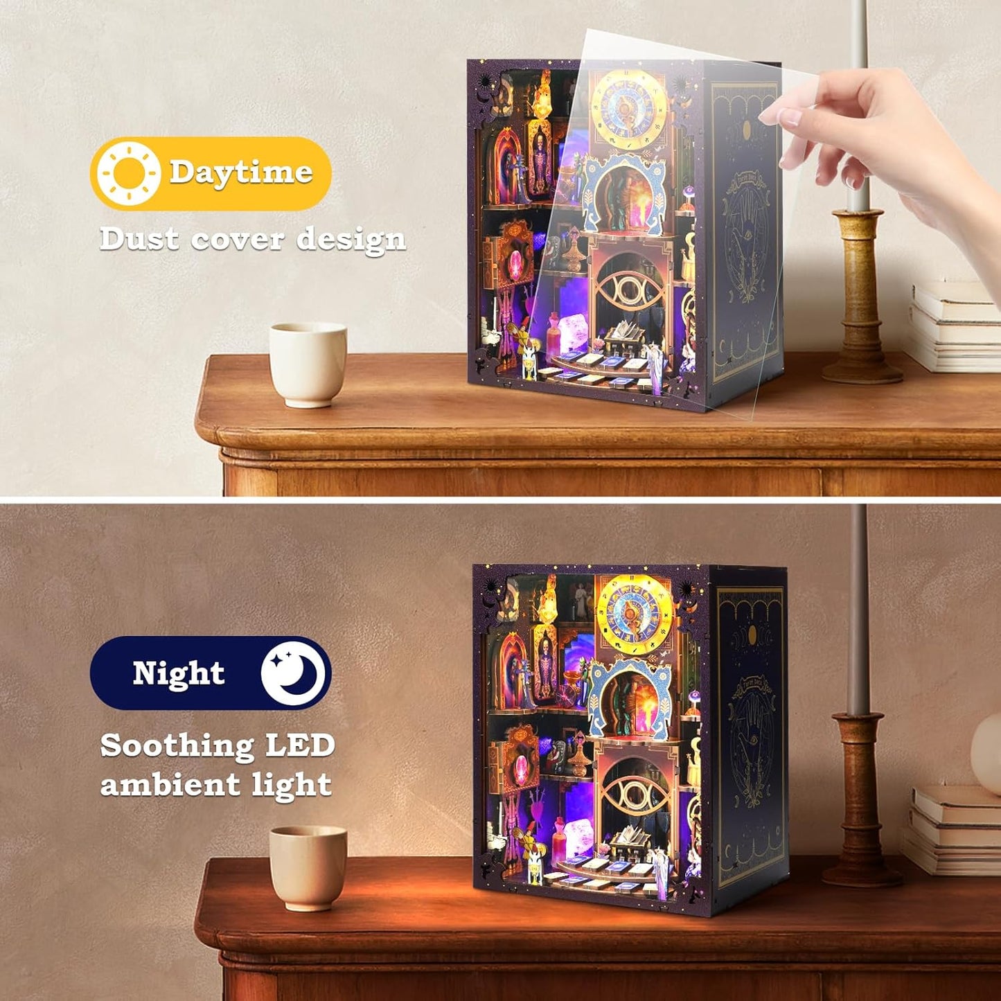 Book Nook Kit - DIY Miniature Dollhouse with LED Lights for Adults & Teens, Fantasy Tarot-Themed 3D Wooden Bookshelf Decor, for Craft Lovers