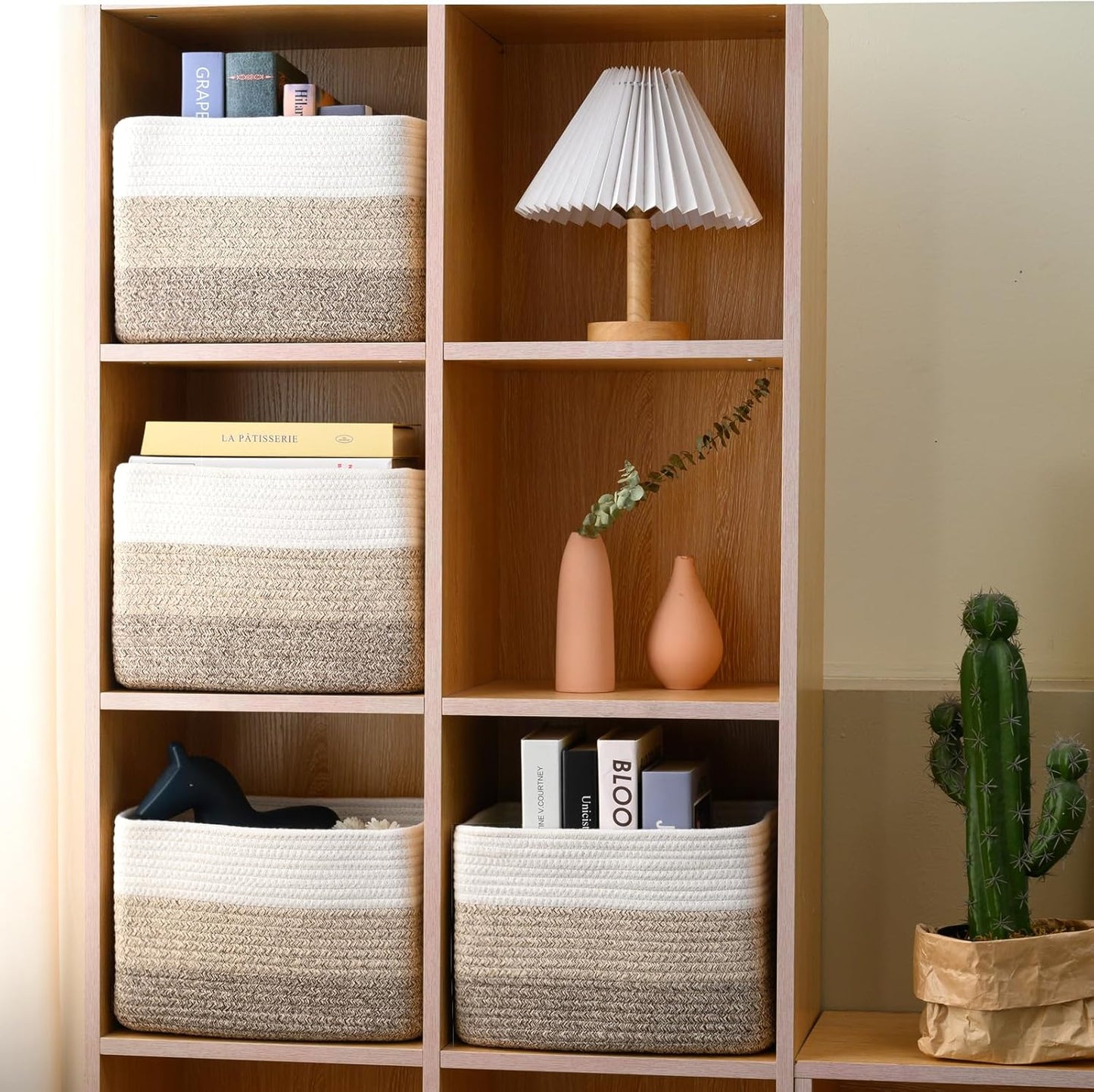 Small Storage Baskets for Organizing Shelves, Woven Cotton Rope Basket for Storage, Cute Rectangular Book Toy Baskets, 12.7"×9.1"×7.9", 4 Packs, Gradient Brown