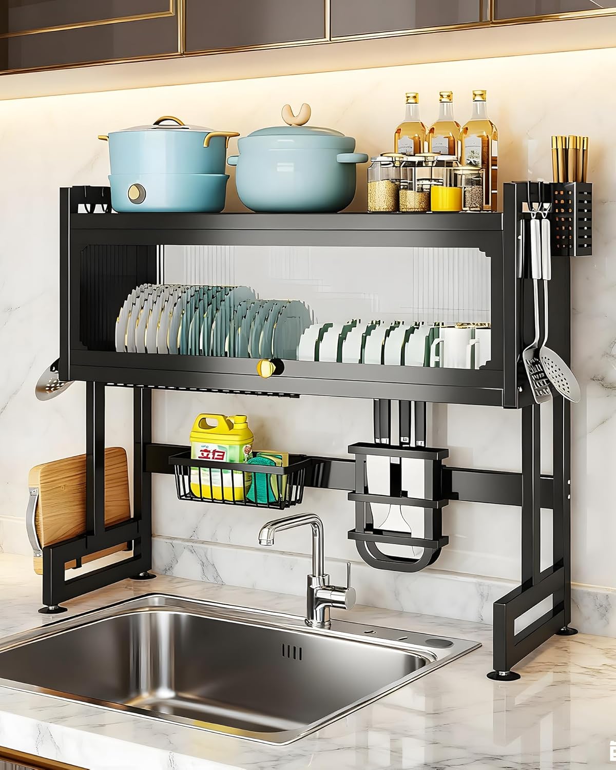 Over The Sink Dish Drying Rack 3-Tier Dish Drainer Racks with Cover Space-Saving Kitchen Organizer for Dishes, Glasses, Bowls & Cutlery