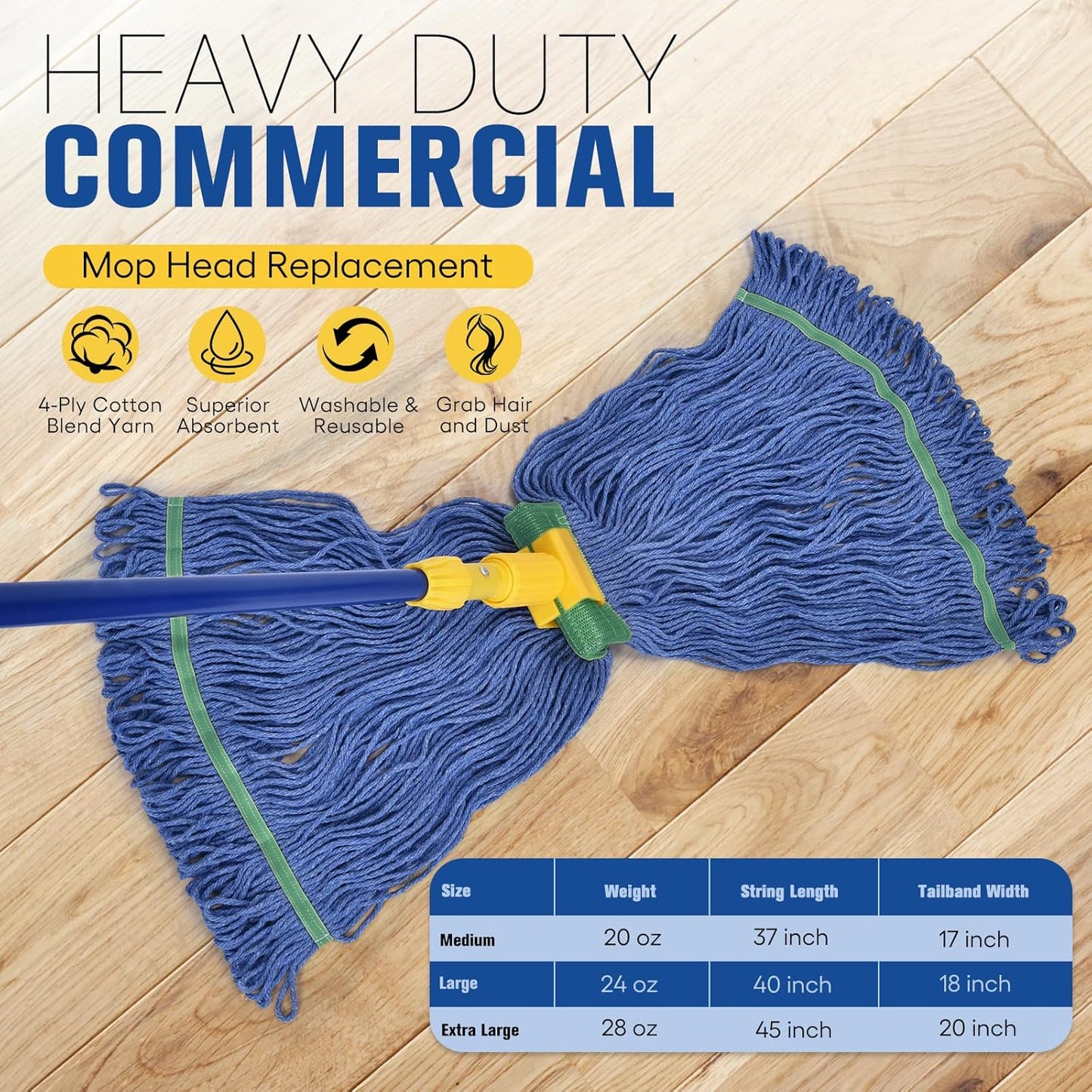 Matthew Cleaning Commercial Mop Head Replacement, 5 Inch Wide Headband, Looped End Cotton Blend String Wet Mops for Floor Cleaning, 28 oz Extra Large, 1-Pack Blue
