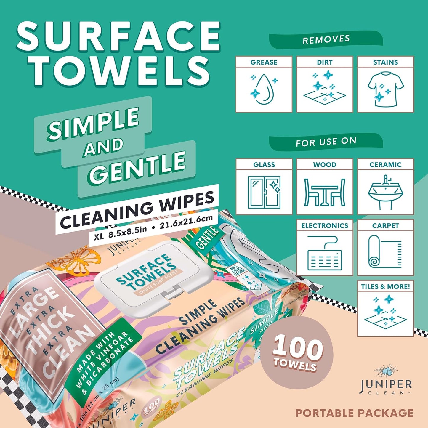Single Surface Cleaning Wipes, Thick & Large Dispose, All-Purpose Cleaner for Bathroom, Kitchen, Office, 100 Count Soft Flow, Biodegradable, White Soap Scent