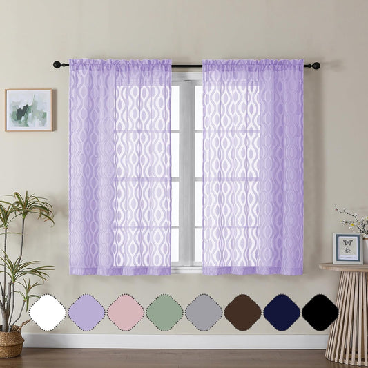 Aiyufeng Sheer Curtains 45 Inch Length 2 Panels, Farmhouse Soft Airy Lightweight Clip Jacquard Textured Curtains, Chic Wavy Line Window Curtains for Bedroom Living Room, Light Purple, 40Wx45L Inches