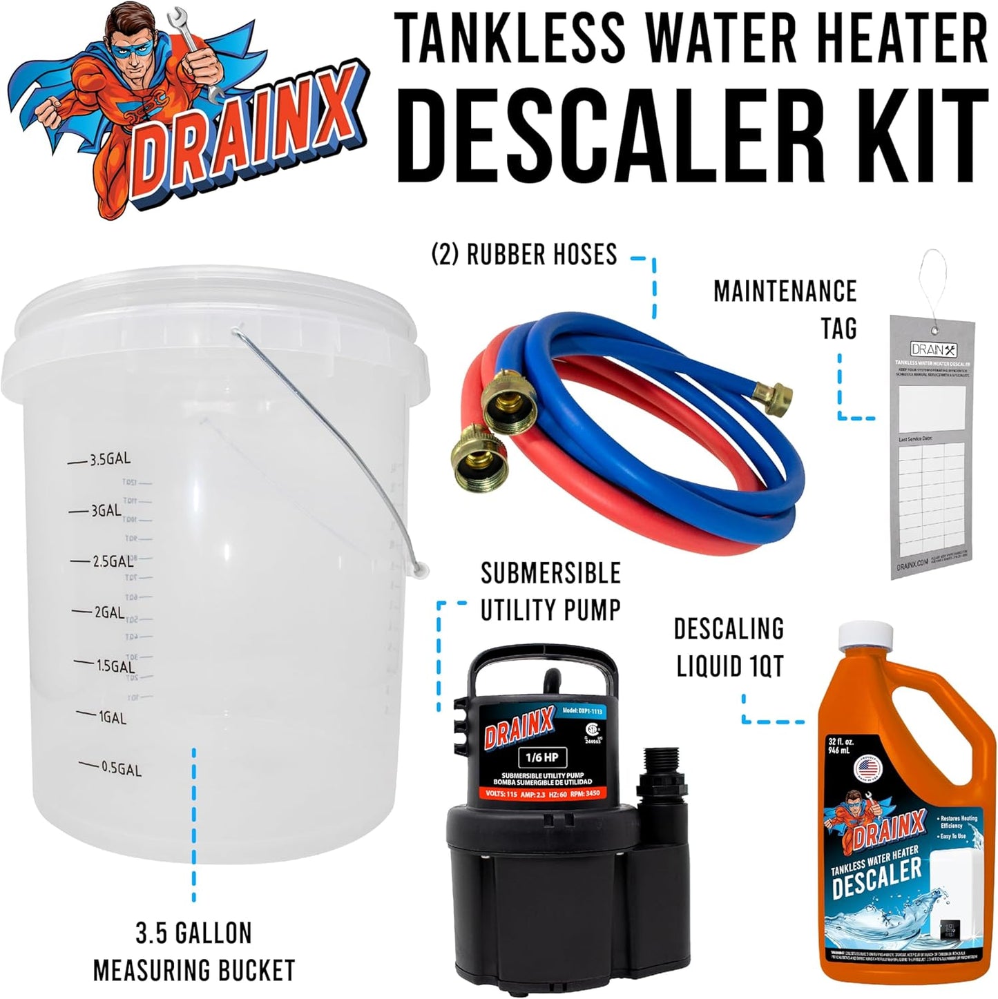 DrainX Tankless Water Heater Flushing Kit Includes Submersible Pump, Hoses, Liquid Descaler Solution, and Measuring Bucket