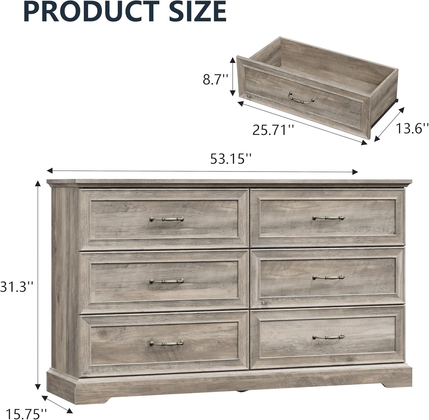 6 Drawer Dresser for Bedroom, 53" Wide Wooden Chest of Drawers, Rustic Farmhouse Dresser with Large Drawers & Metal Handles, Modern Storage Organizer for Closet, Living Room, Hallway, Grey