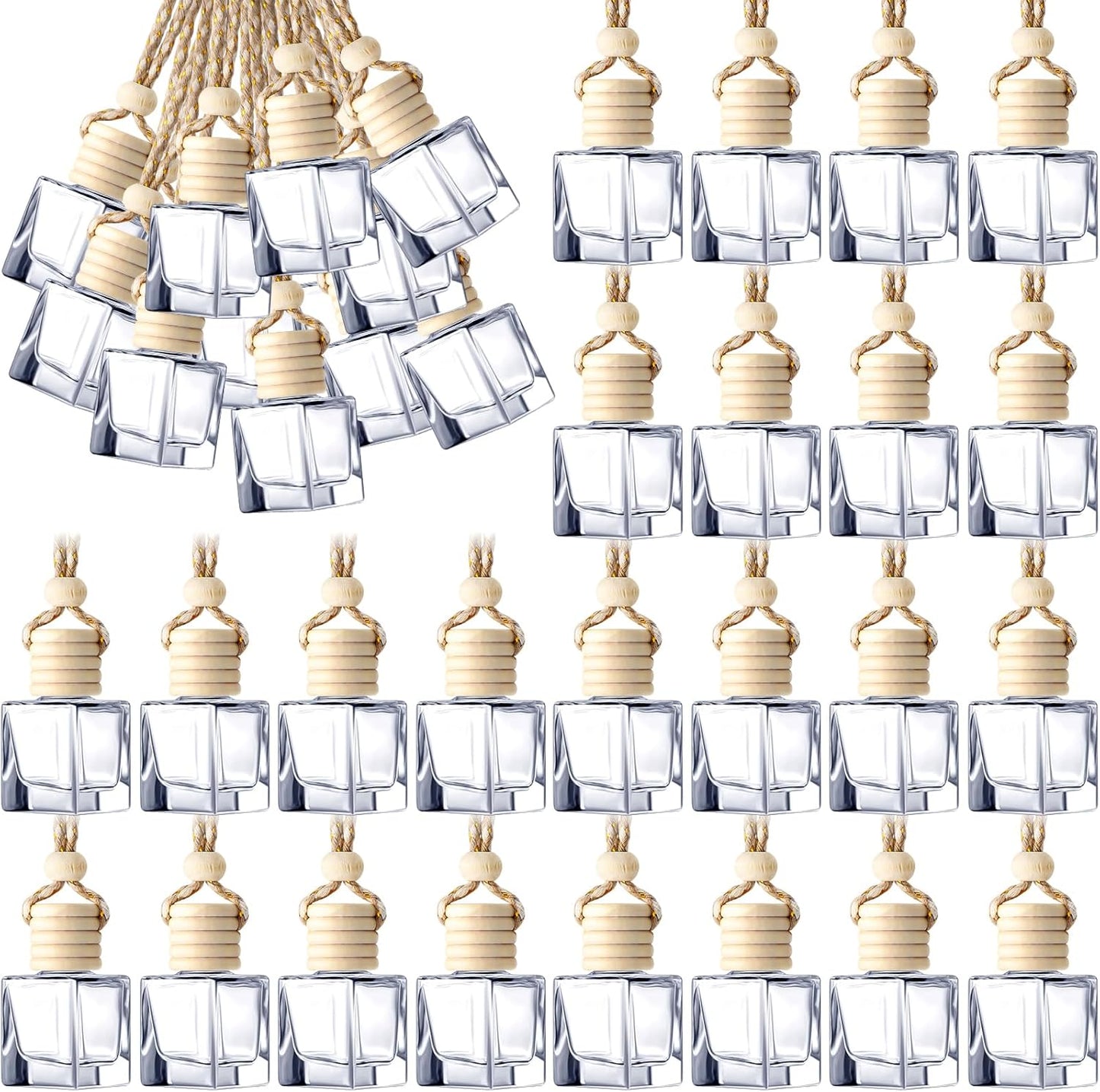 BBTO 50 Pcs Hanging Car Air Freshener Car Diffuser Bottles Empty Glass Perfume Bottle Freshener Diffuser Bottle Pendant for Essential Oil Fragrance Aromatherapy Bottle Ornament(Cube)