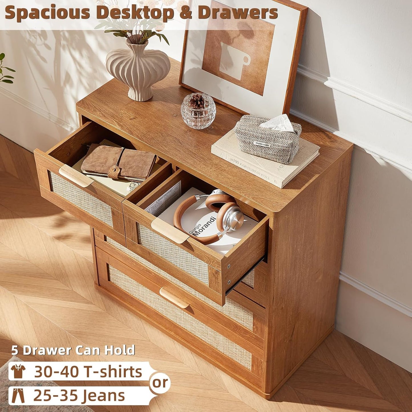 LEYAOYAO Rattan Dresser for Bedroom, 33.5" Tall Chest of Drawers, Modern 5 Drawers Boho Dressers with Storage, Vintage Brown Dresser Wooden Closet Organizer for Living Room, Hallway