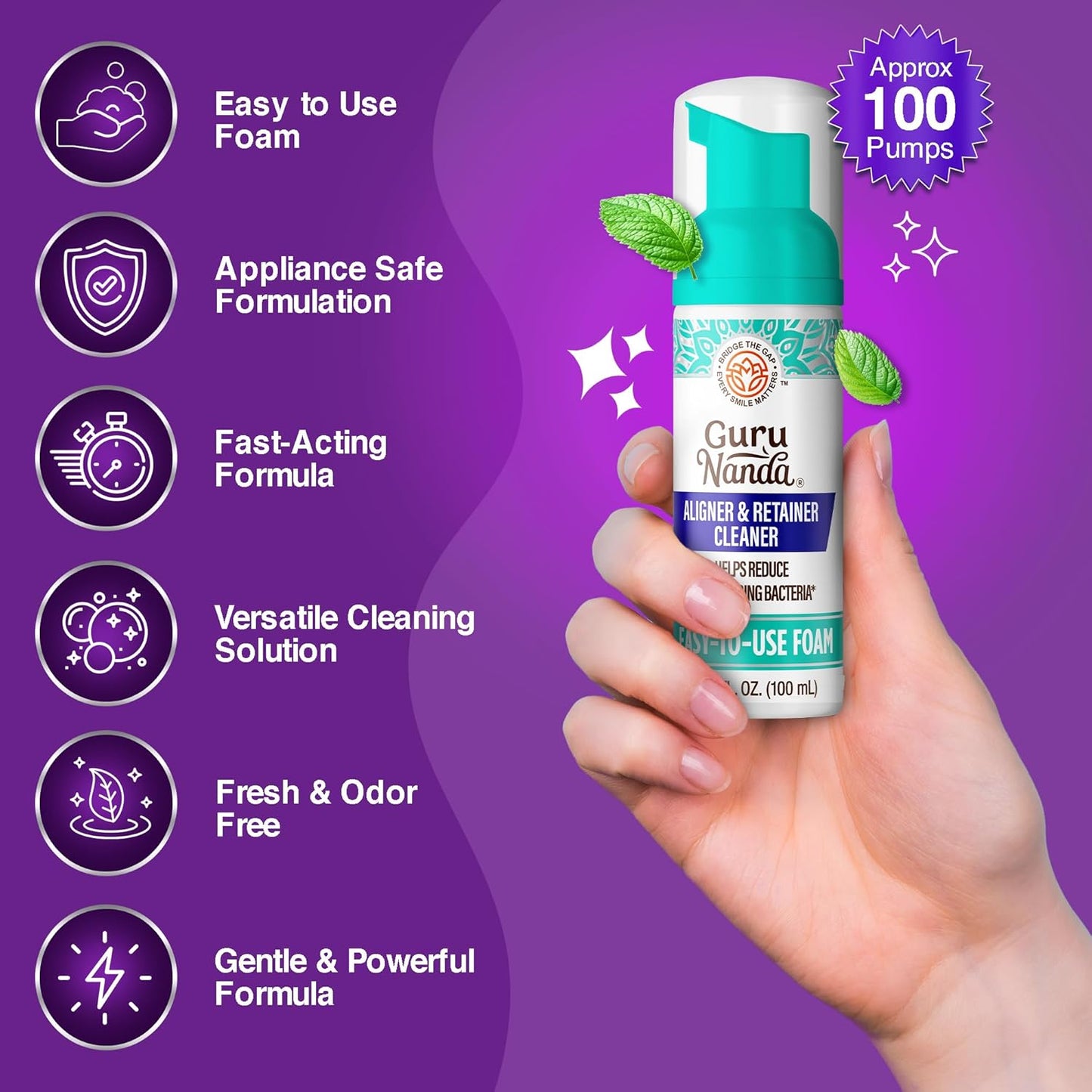 GuruNanda Aligner & Retainer Cleaner Foam – Gentle Cleaning for Aligners, Retainers, Veneers & Mouthguard, Helps Neutralize Odors, Ideal for Daily Use, 100 ml