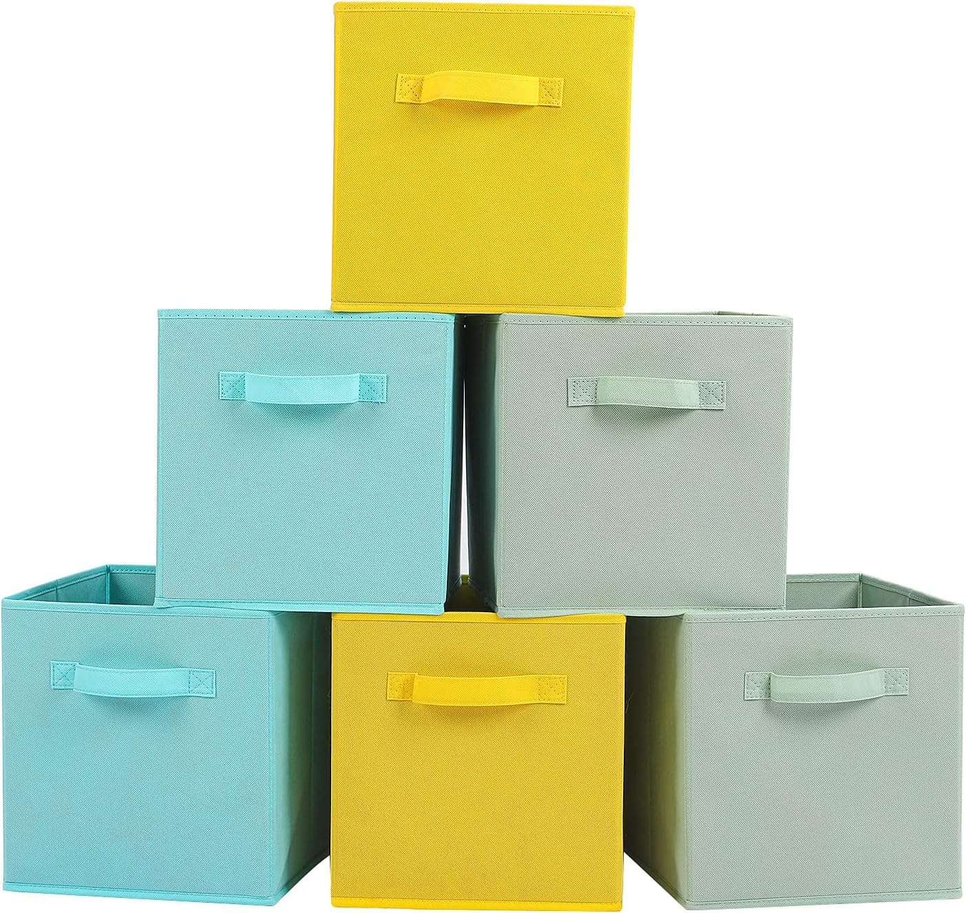 Stero 13x13x13 Inch Fabric Storage Bins 6 Pack Fun Colored Storage Cubes with Handles Foldable Cube Baskets for Home, Kids, Closet and Toys Organizer, Cyan, Green, Yellow