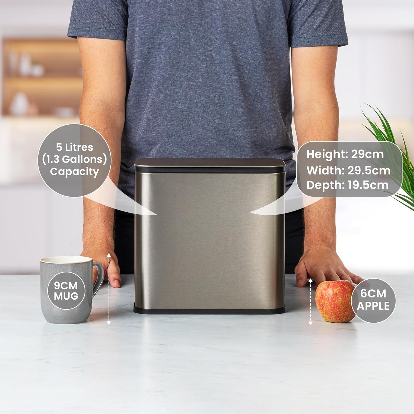 RedFactor Stainless Steel Hanging Trash Can with Lid and Inner Bucket – Slim 1.3 Gallon Odor-Free Compost Bin for Kitchen Cabinet, Countertop, Under Sink, or Bathroom (Metallic Gray)