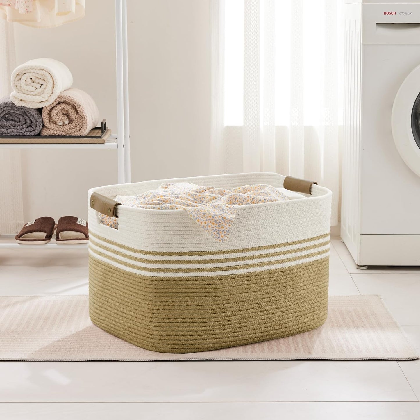 86L Extra Large Laundry Basket with Leather Handles for Living Room Storage, Woven Rope Baskets for Blanket, Kids Toy, Gifts, Wicker Hamper for Bedroom Dirty Clothes, 24"x16"x14" Khaki