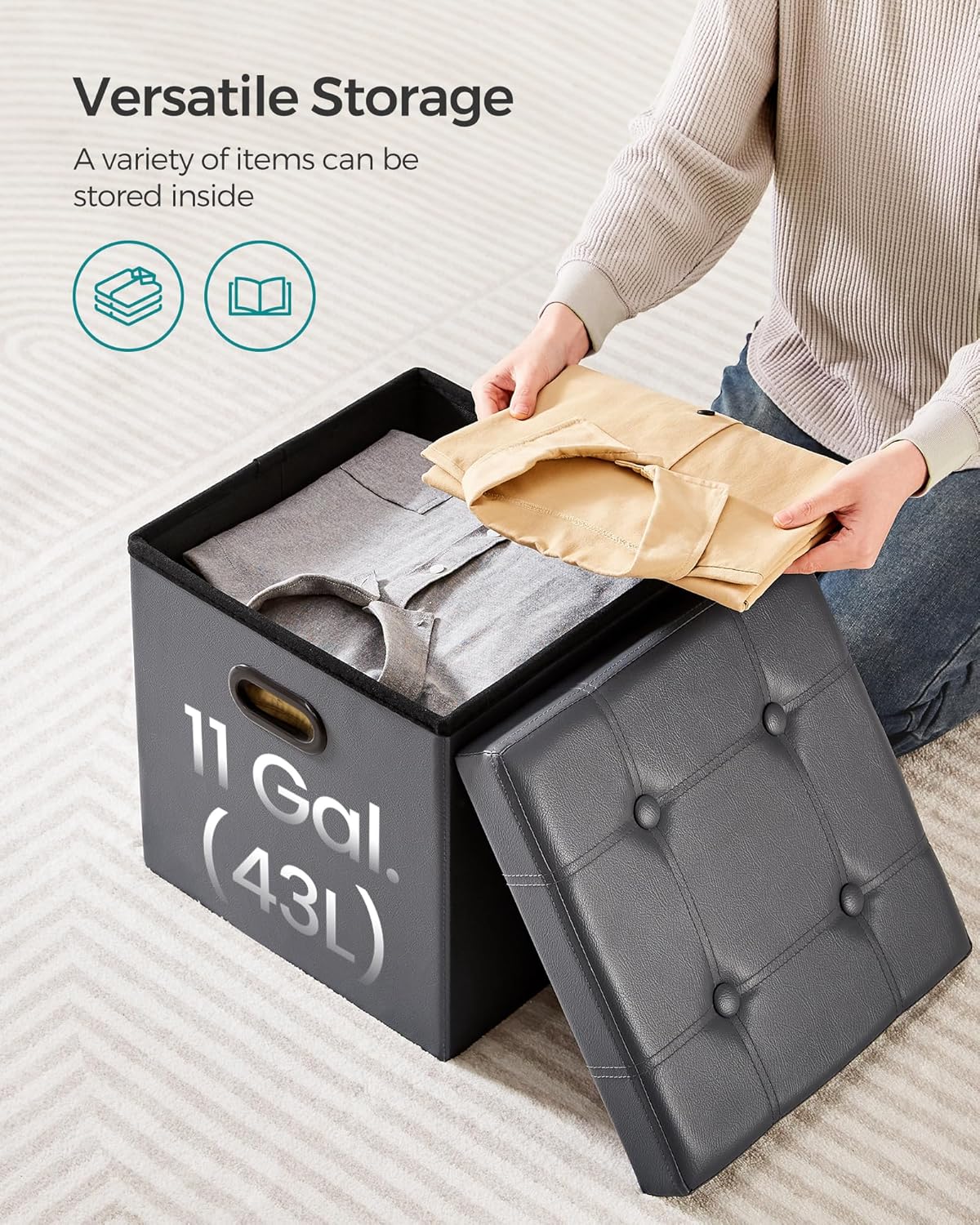 SONGMICS Mazie Collection - 15 Inches Ottoman with Storage, Footstool, Storage Ottoman with Metal Grommet Handles, Load 660 lb, for Dorm, Living Room, Bedroom, Synthetic Leather, Dark Gray ULSF030G01