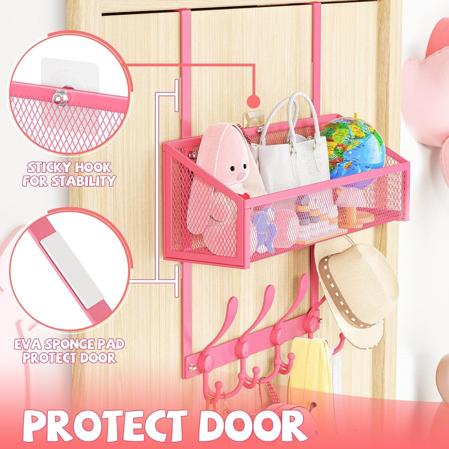 Over The Door Hooks Organizer, Coat Rack Over The Door Storage Hanger Towel Rack, Back of Storage Organizer for Bathroom,Bedroom,Kitchen,Office(Pink 2-Tier)