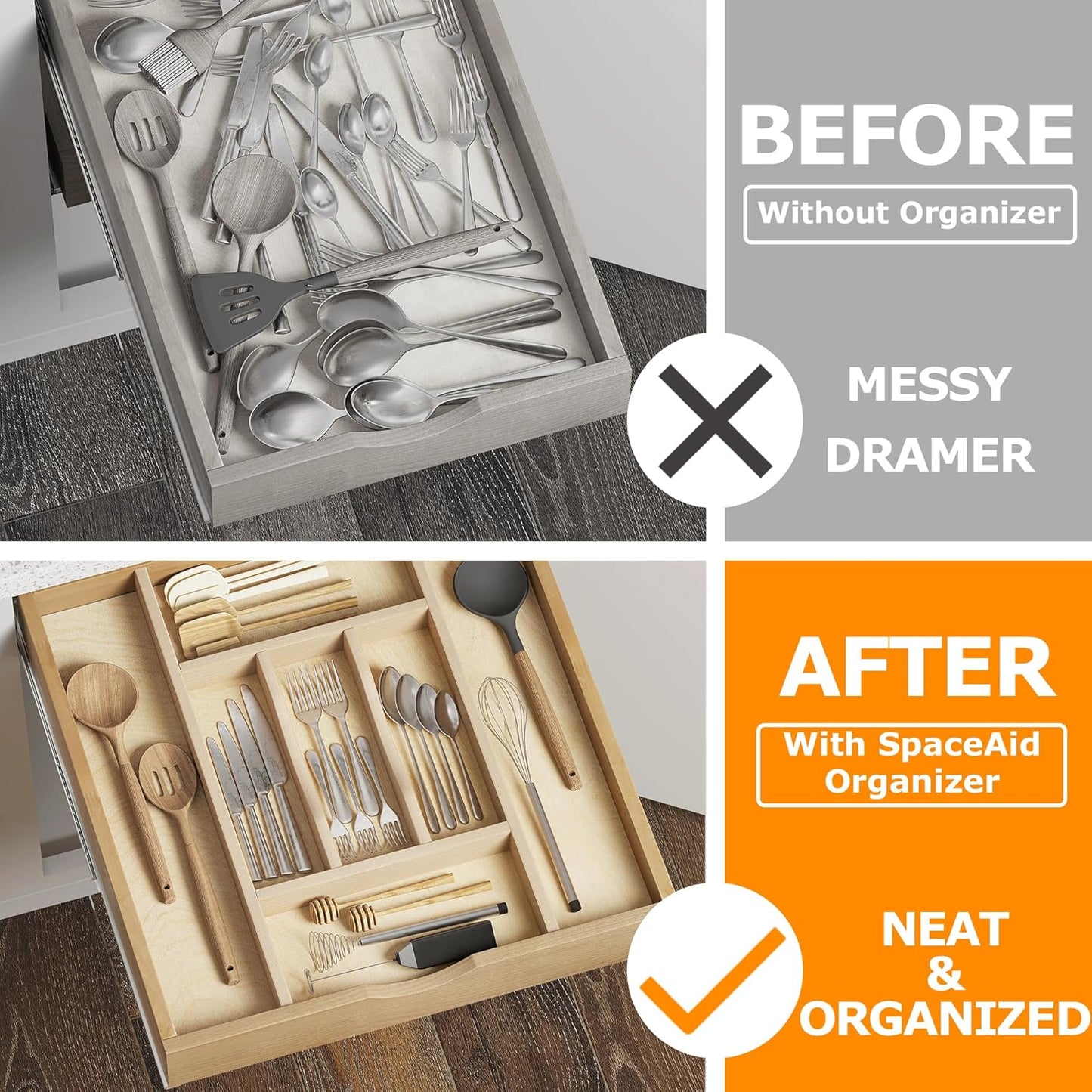 WelFurGeer Premium Wooden Silverware Organizer for Kitchen Drawers, Utensil Tray for Kitchen Drawer, Cutlery Drawer Organizer for Forks, Spoons, Knives - Sturdy Birchwood, Natural Finish