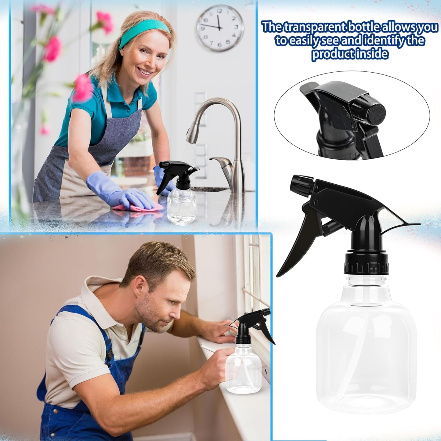 20 Pcs Empty Plastic Spray Bottle 8 OZ Reusable Clear Liquid Container with Trigger Sprayers for Water Perfume Cleaning Fluid Plants Kitchen Toilet Pet (Color Set 1)