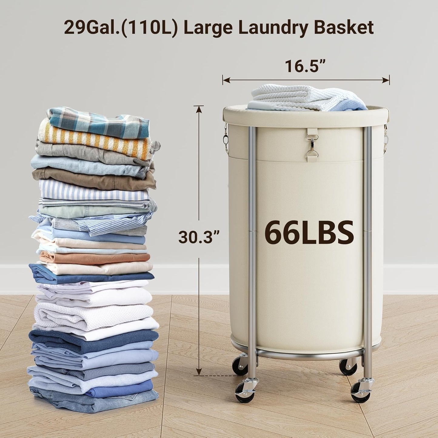 ELYKEN Laundry Hamper with Wheels, 110L Rolling Laundry Basket, Round Laundry Cart with Steel Frame and Removable Bag, 4 Casters and 2 Brakes, Dirty Clothes Hamper for Hotel, Home, Closet, Dorm, Cream