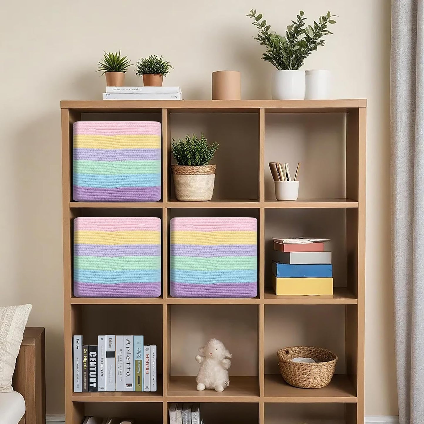 3 Pack Storage Cubes 11 Inch Cotton Rope Woven Baskets for Organizing Cube Bin Square Shelves Organizer,Classroom,Kids Toy Bins,Closet,Baby Nursery(Light Rainbow)