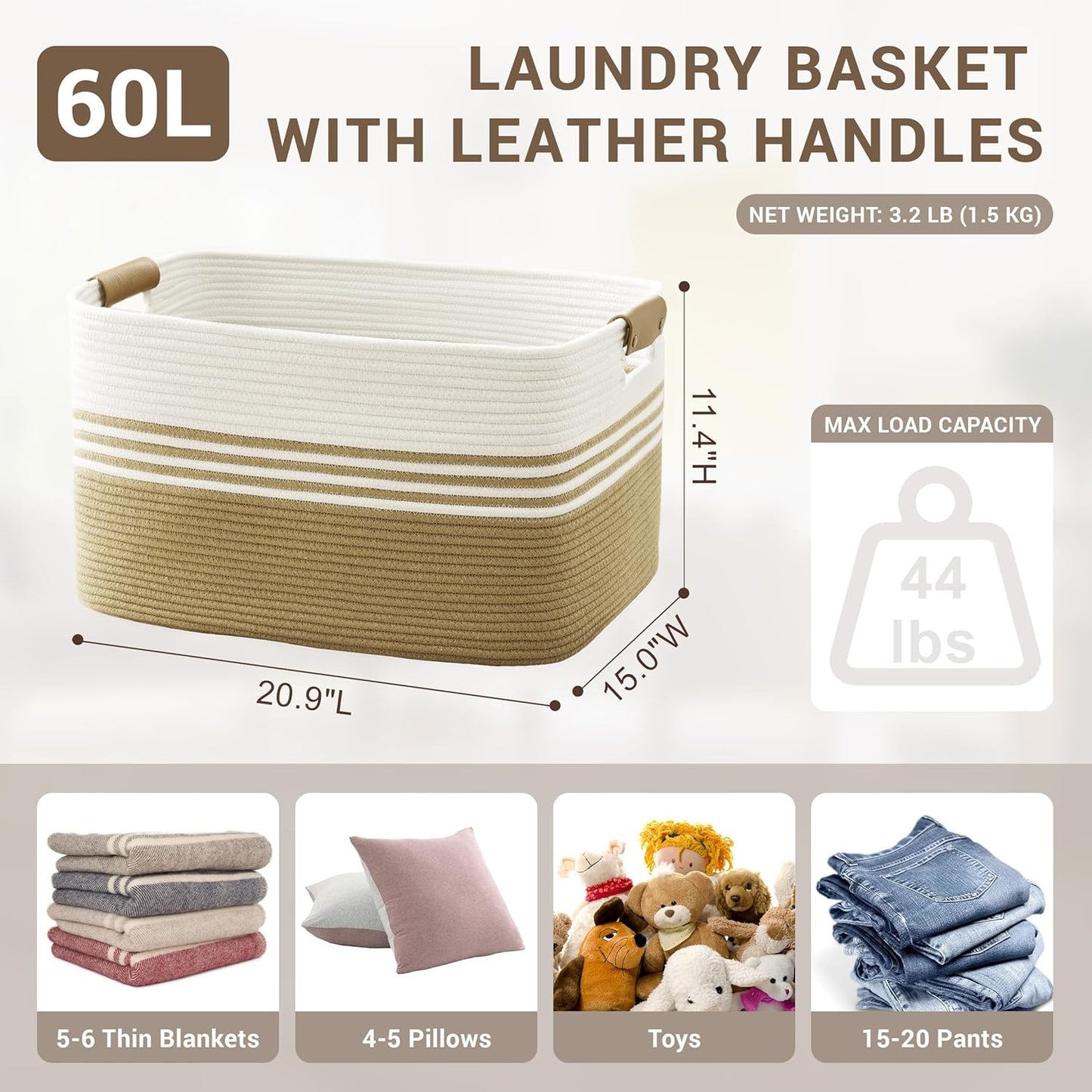60L Large Laundry Basket with Leather Handles for Living Room Storage, Woven Rope BasketsBin for Blanket, Kids Toy, Gifts, Wicker Hamper for Bedroom Dirty Clothes, 21"x15"x11" Khaki