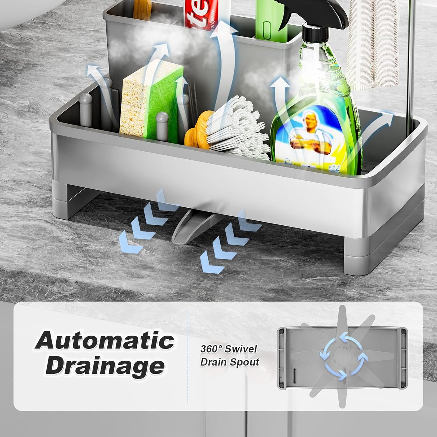 Stainless Steel Sink Caddy, Sponge Holder for Kitchen Sink with Brush Holder & Dishcloth Rack, Rustproof Sink Organizer Countertop, Kitchen Organizers Storage Essentials (F-Gray)