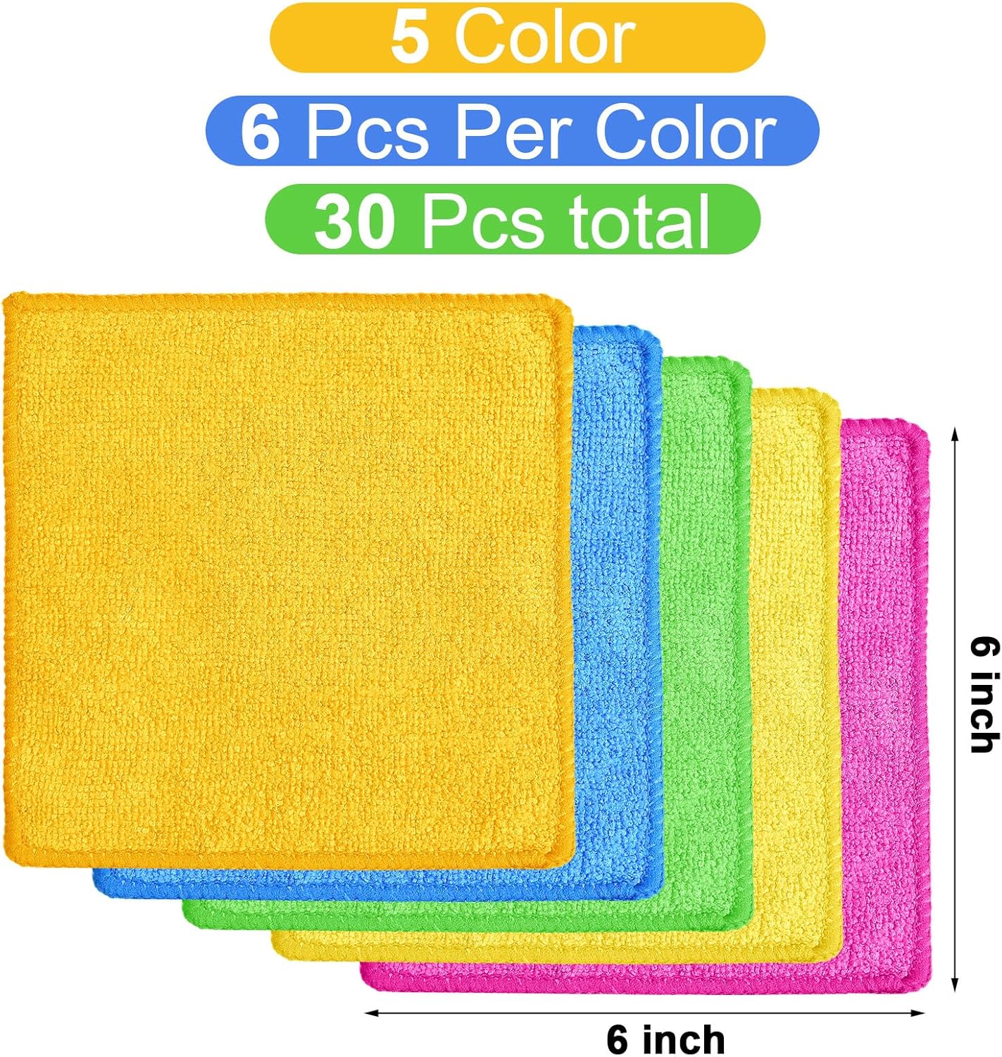 Tanlade Microfiber Cleaning Cloth 6"x6" Cleaning Rags Reasonable Kitchen Towels Microfiber Towels Cars Wash Dry Erase Cloth (Green/Blue/Yellow/Pink/Orange,30 Pcs)
