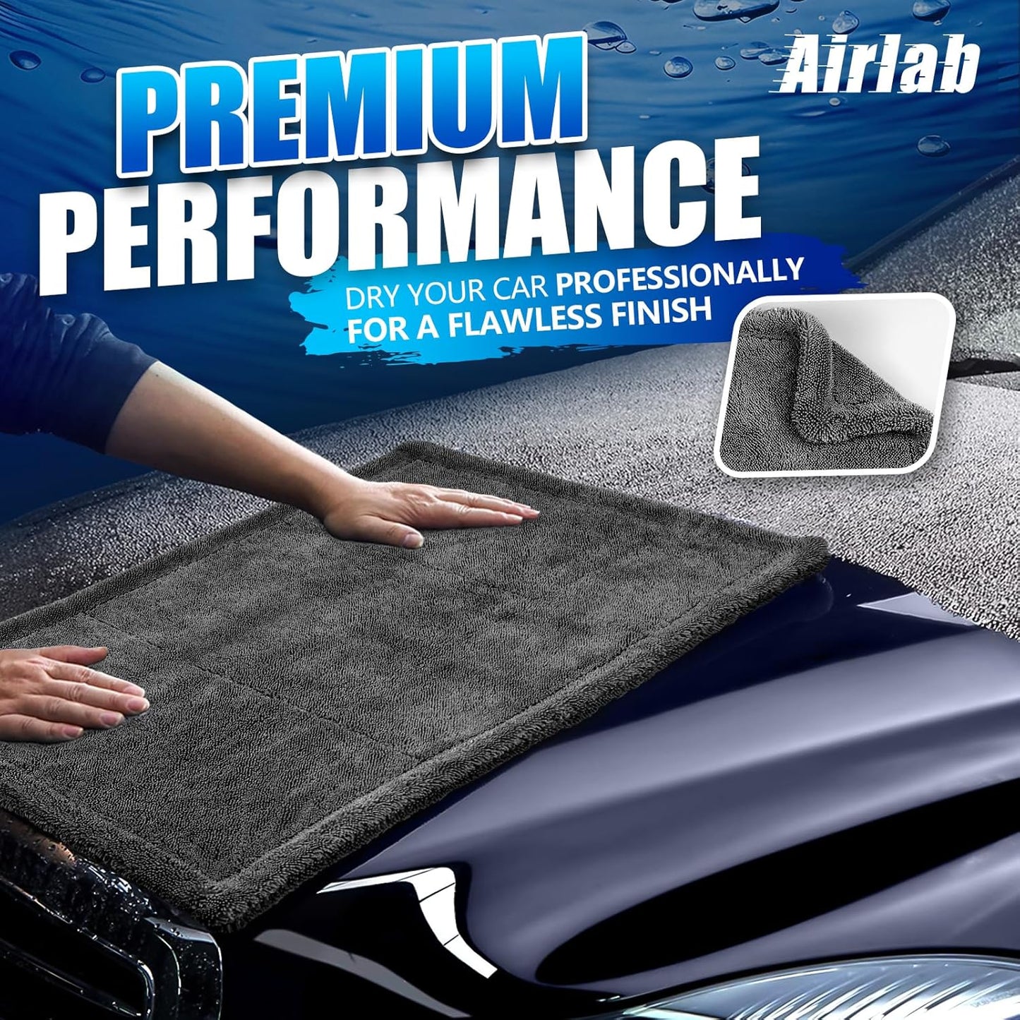 Airlab Car Drying Towel Microfiber Towels for Cars 1200 GSM Wash Auto Detailing Supplies Twist Pile Cleaning Cloth Absorbent Quick Dry Soft Loop Dry Flash Towel, 24 x 16 Inch, Pack of 1, Grey