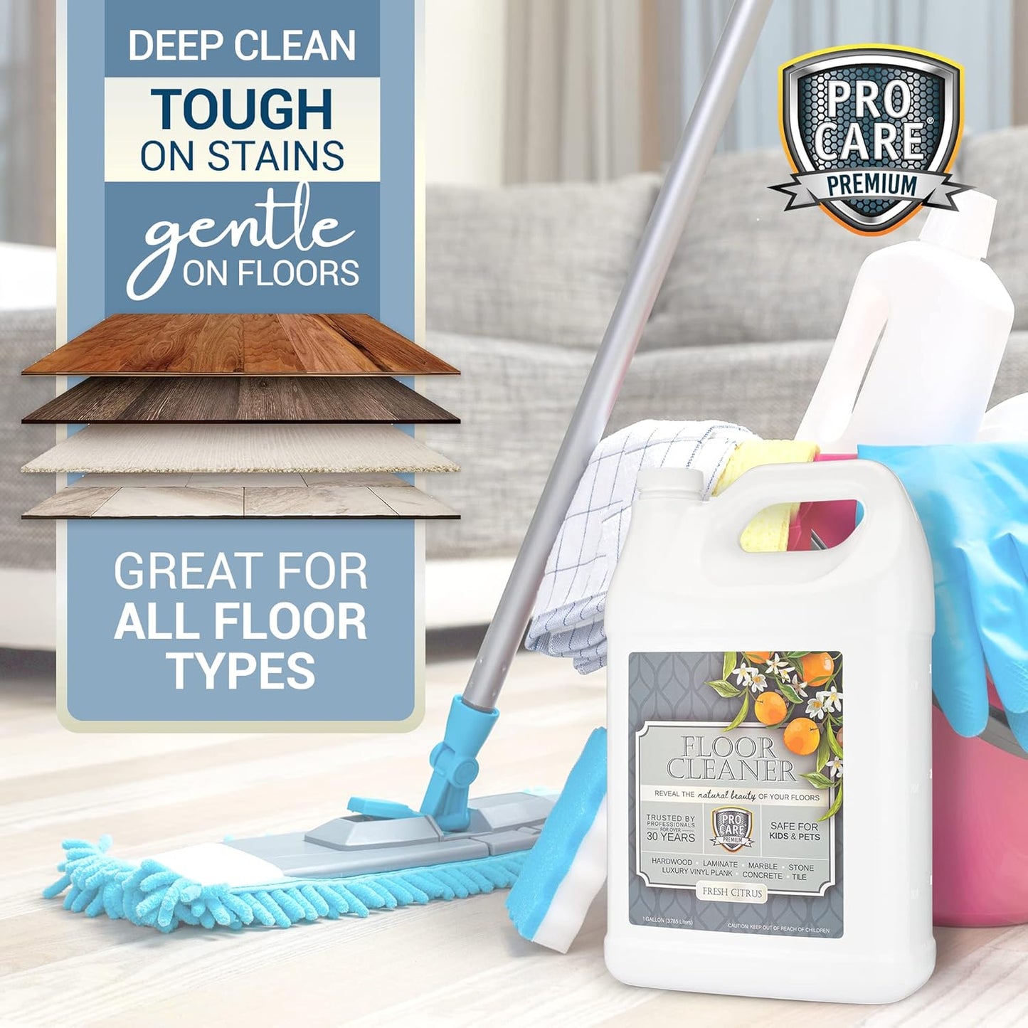 ProCare Floor Cleaner (Made in USA) | Tile, Stone, Laminate, Vinyl & Natural Wood Floor Cleaner for Mopping, Household Supplies, Cleaning Solution with Citrus Aroma - 1 Gal (128 Fl Oz)