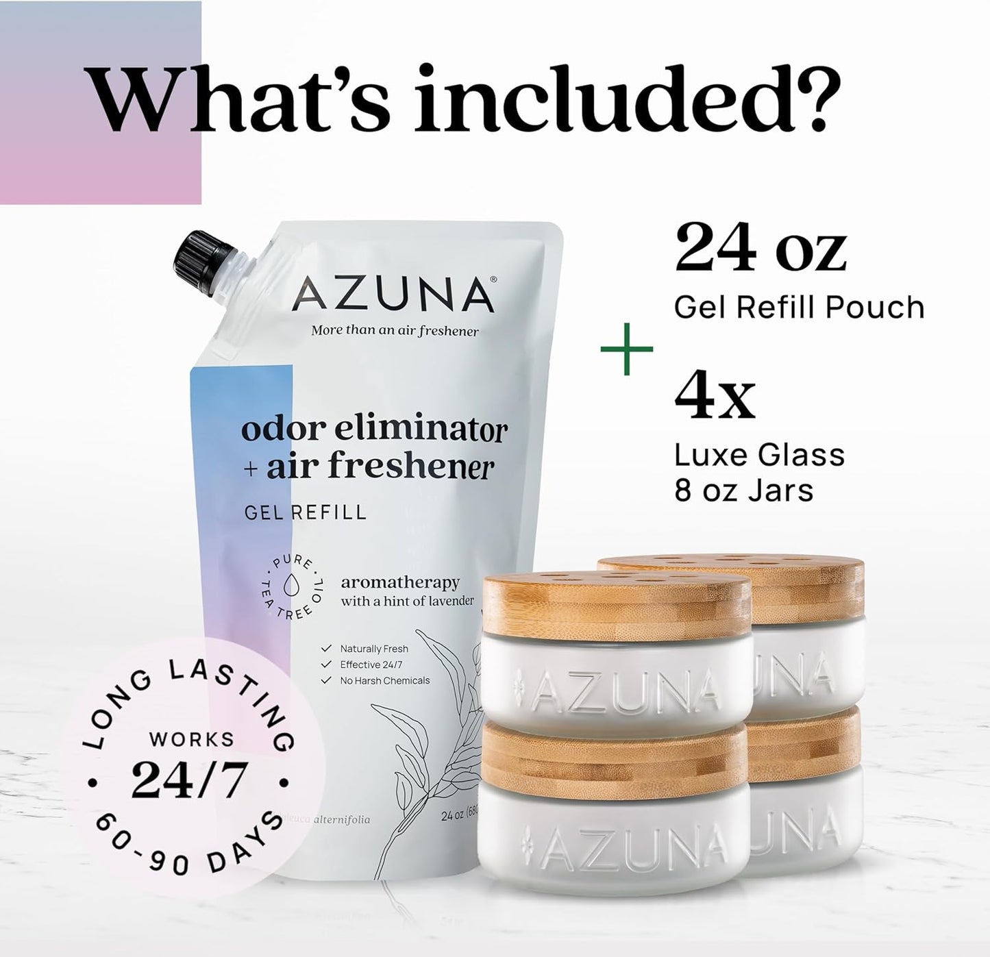 Azuna Air Freshener & Odor Eliminator for Strong Odor | 4 Room Kit Includes (4) Empty Luxe Glass Jar & 24oz Gel Refill with Tea Tree Essential Oil | Aromatherapy | Last 60-90 Days