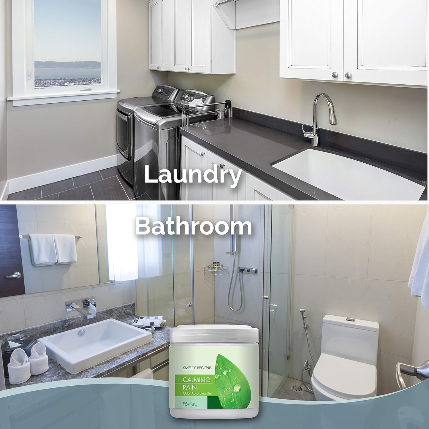 SMELLS BEGONE Air Freshener Odor Absorber Gel - Absorbs Odor from Bathrooms, Cars, Pet Areas, Boats & RVs - Made with Essential Oils - Calming Rain Scent