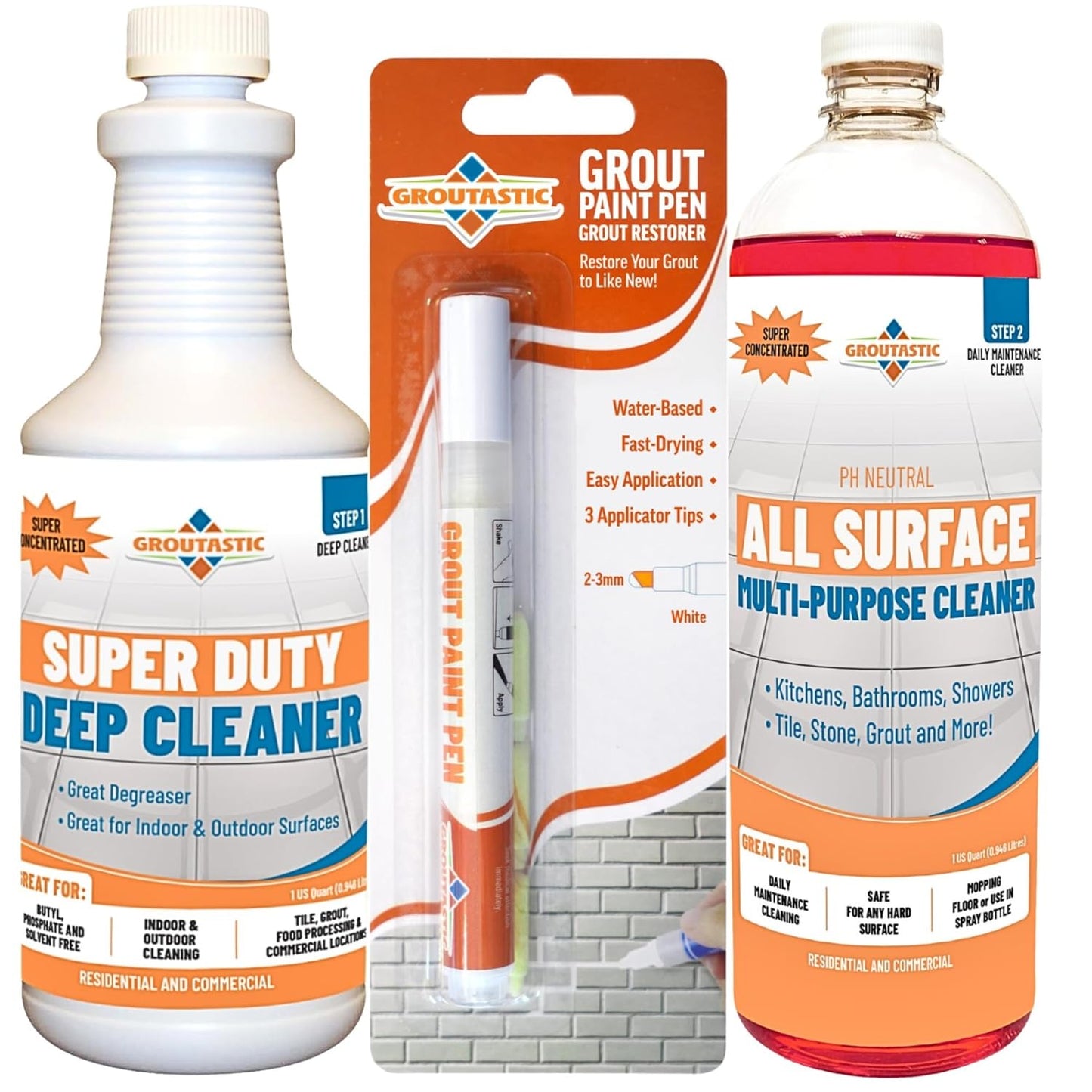 Multi-Surface Cleaning With Grout Paint Pen White - Deep Clean, Restore and Maintain with this Bundle-Bathroom Walls, Kitchen Tile & Shower Grout & Floor Cleaning - 1 Quart