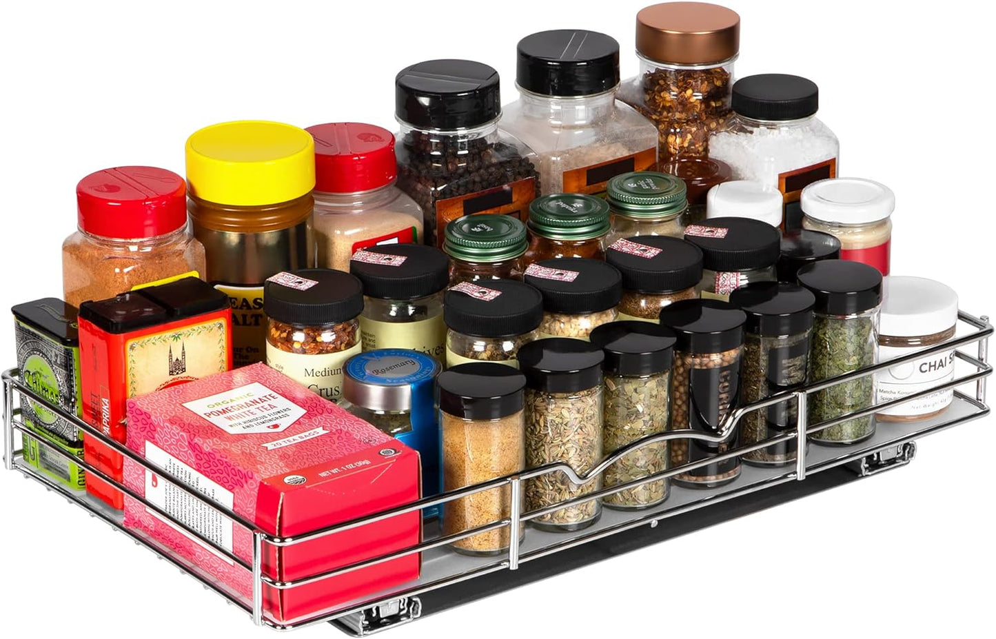 Pull Out Cabinet Organizer for Spices, Cans - Heavy Duty with Lifetime Limited Warranty- Pull Out Spice Rack- Cabinet Pull Out Shelf for Cans,Dishes, Etc, 18-3/8"Wx 10-1/2"D x 2-3/4” H, Chrome