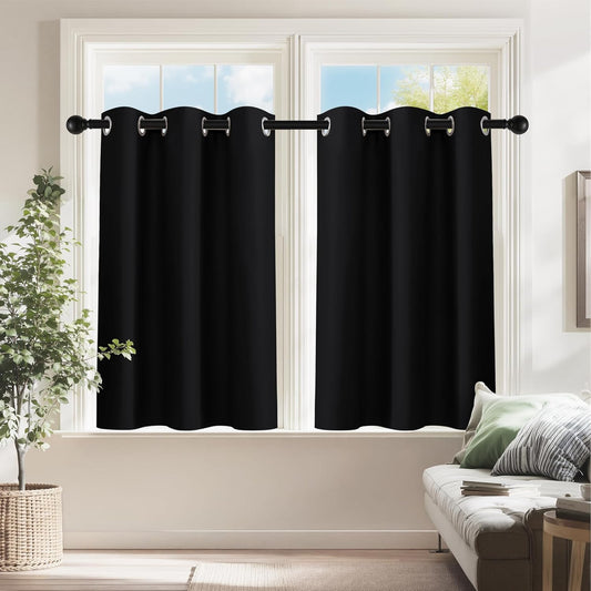 PONY DANCE Kitchen Curtains 24 inch Length - Blackout Camper Curtains for Travel Trailers, Set of 2 Panels Tiers, Short Small Window Drapes for Bathroom & Basement, Ideal for RV Camper, Black