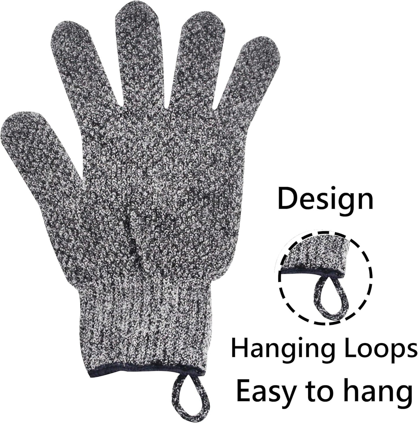 Exfoliating Gloves with Hanging Loop - 1 Pair Bamboo Charcoal Bath/Shower Gloves, Bath Gloves for Shower Exfoliating and Ingrown Hair/Dead Skin Remover - Bamboo Charcoal - Exfoliator Mitt Scrub Gloves
