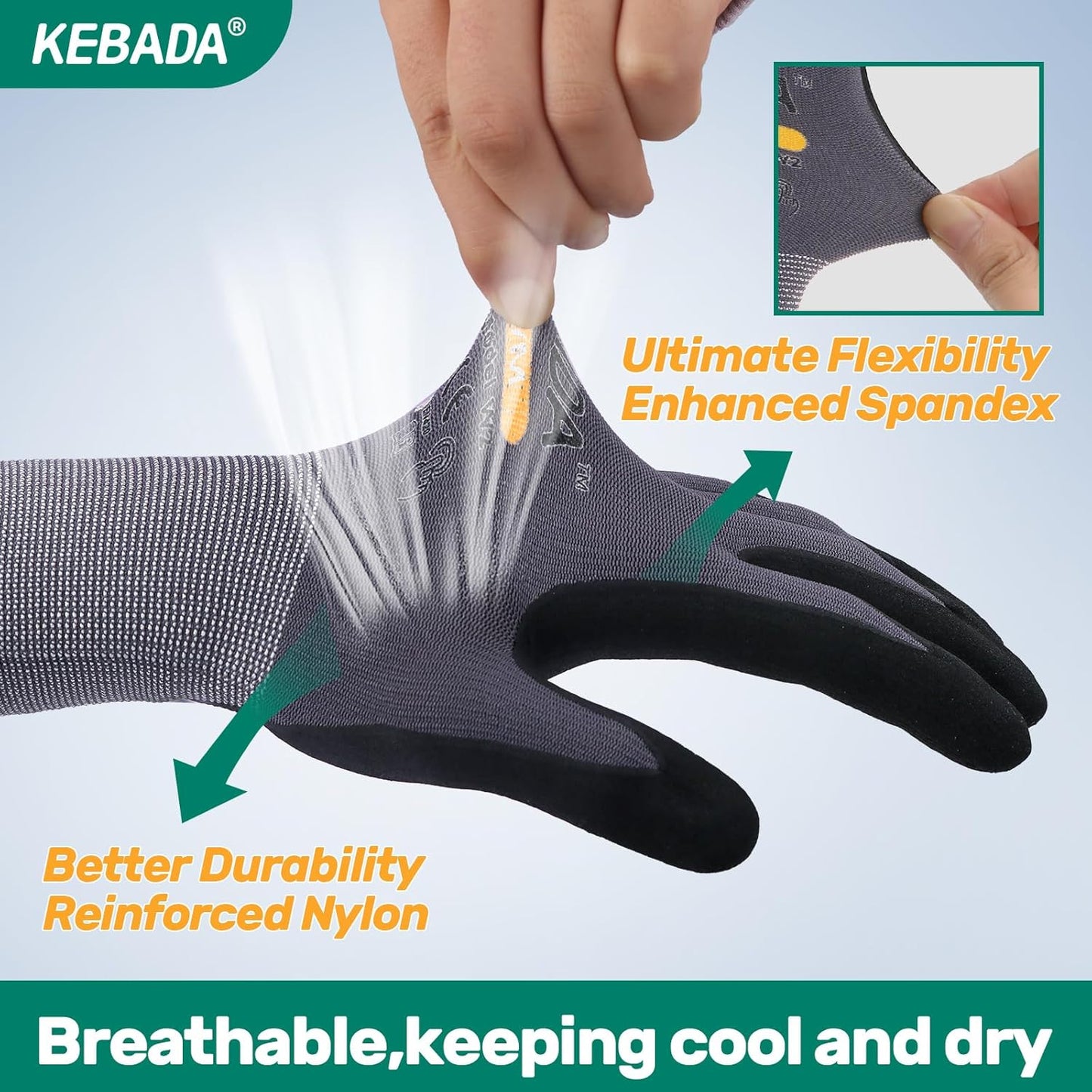 Kebada W2 Safety Work Gloves, Micro-Foam Nitrile Coated Gloves, Touchscreen,Ideal for Package Handling, Gardening, Construction, 1 Pair Small