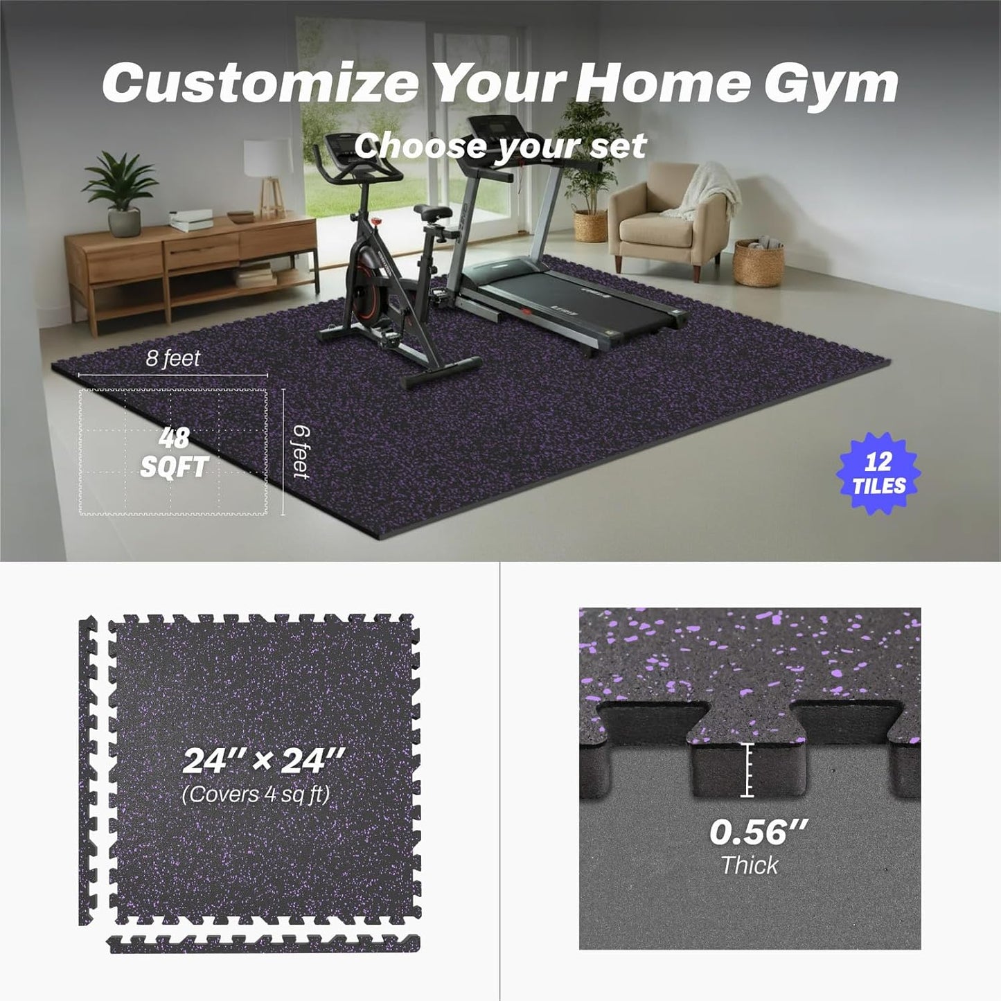 AIRHOP 0.56in Thick 48 Sq Ft Exercise Equipment Mats, 12 Tiles Upgraded Rubber Top with High Density EVA Foam, Large Interlocking Puzzle Gym Flooring for Home Gym, Heavy Weight Workout, 24 x 24in