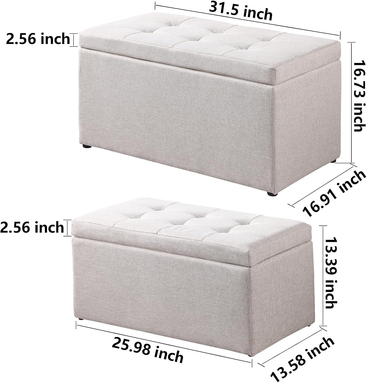 Storage Ottoman Bench with 2.56-inch Thick Seat, 31.5 inch Nesting Ottoman Set of 2, Hinged Flip Top Bench with Storage for Living Room, Bedroom, Beige