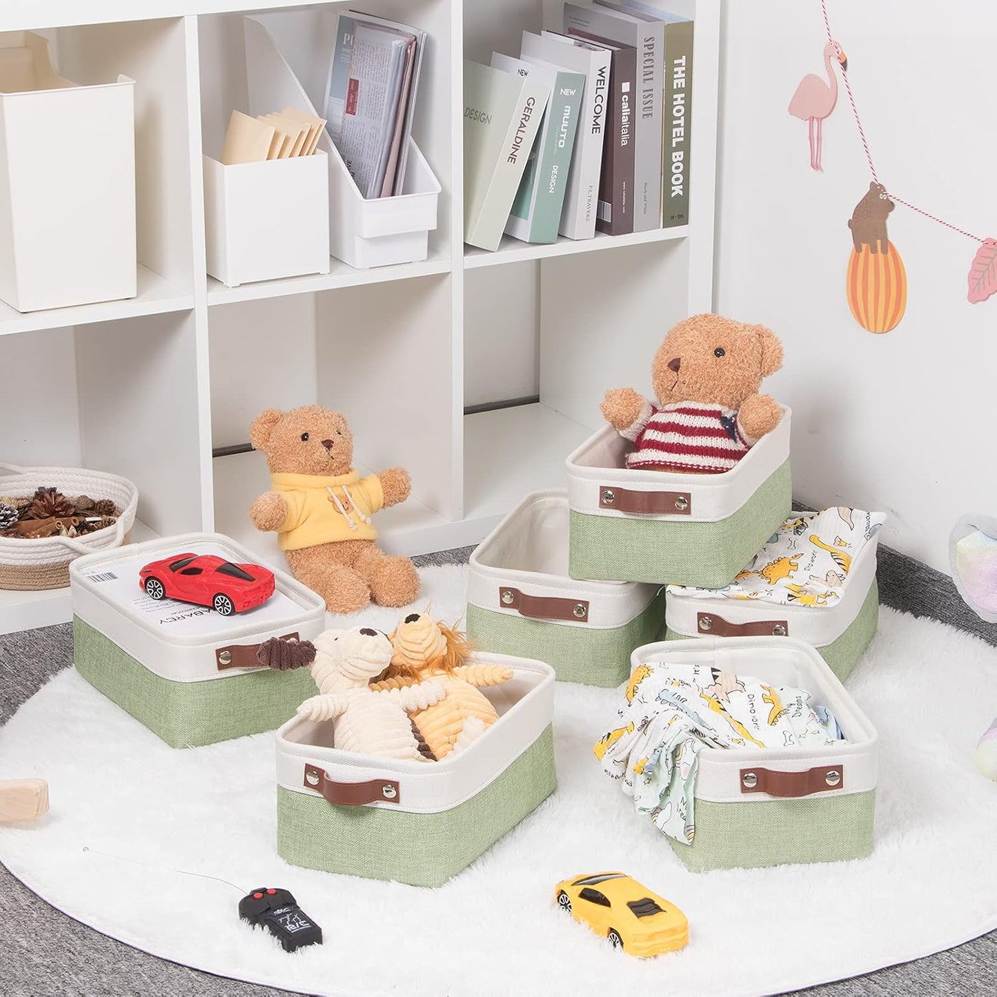 HNZIGE Collapsible Storage Baskets for Shelves(6pack) Small Fabric Bins with Handles, Linen Baskets Organizer Bins for Organizing Closet Nursery Home Shelves(White&Green, 11.8" x 7.8" x 5.1")