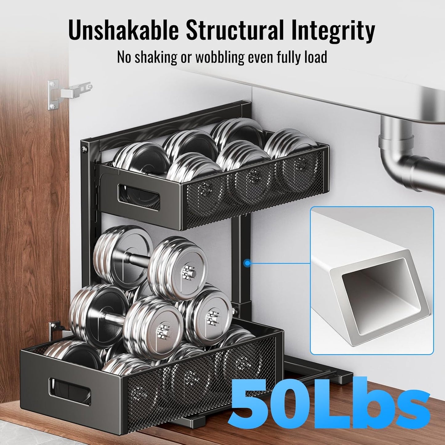 Under Sink Organizer, Silk-Smooth Metal Sliding Drawer Organizers and Storage Rack, Pull Out Cabinet Shelf for Kitchen, Bathroom, Pantry, Cabinet, Closet