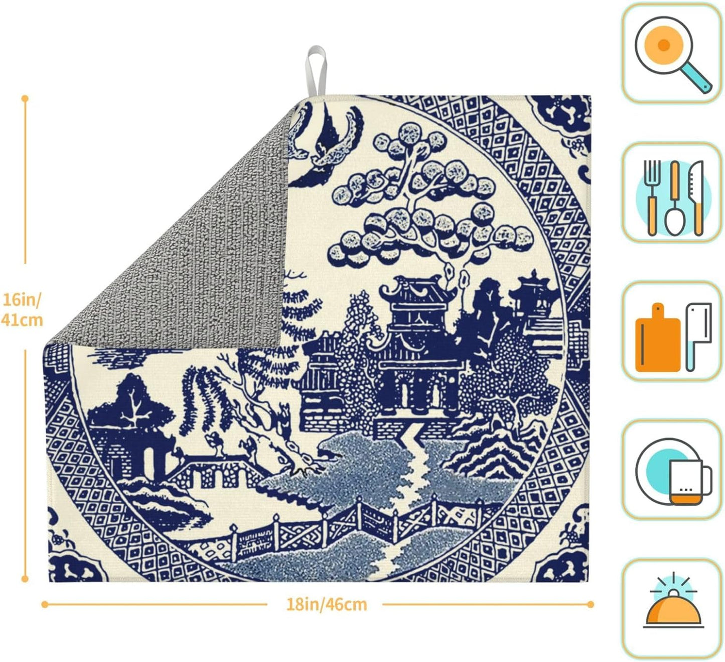 Dish Drying Mat For Kitchen Counter Absorbent Dish Mat Reversible Drainer Drying Kitchen Mat (Oriental Style Chinese Blue Willow, 16"x18")