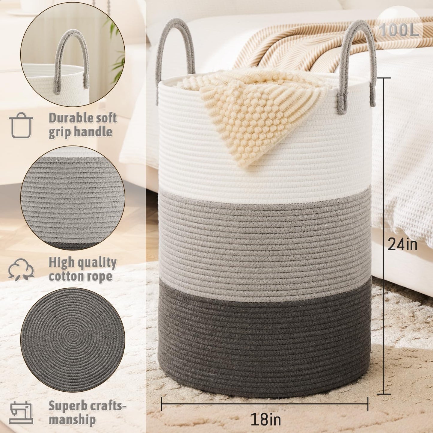 Laundry Basket,Woven Cotton Rope Laundry Hamper,100L for Decorative Storage of Dirty Clothes,Toys and Blankets in Bathroom,Bedroom and Living Room