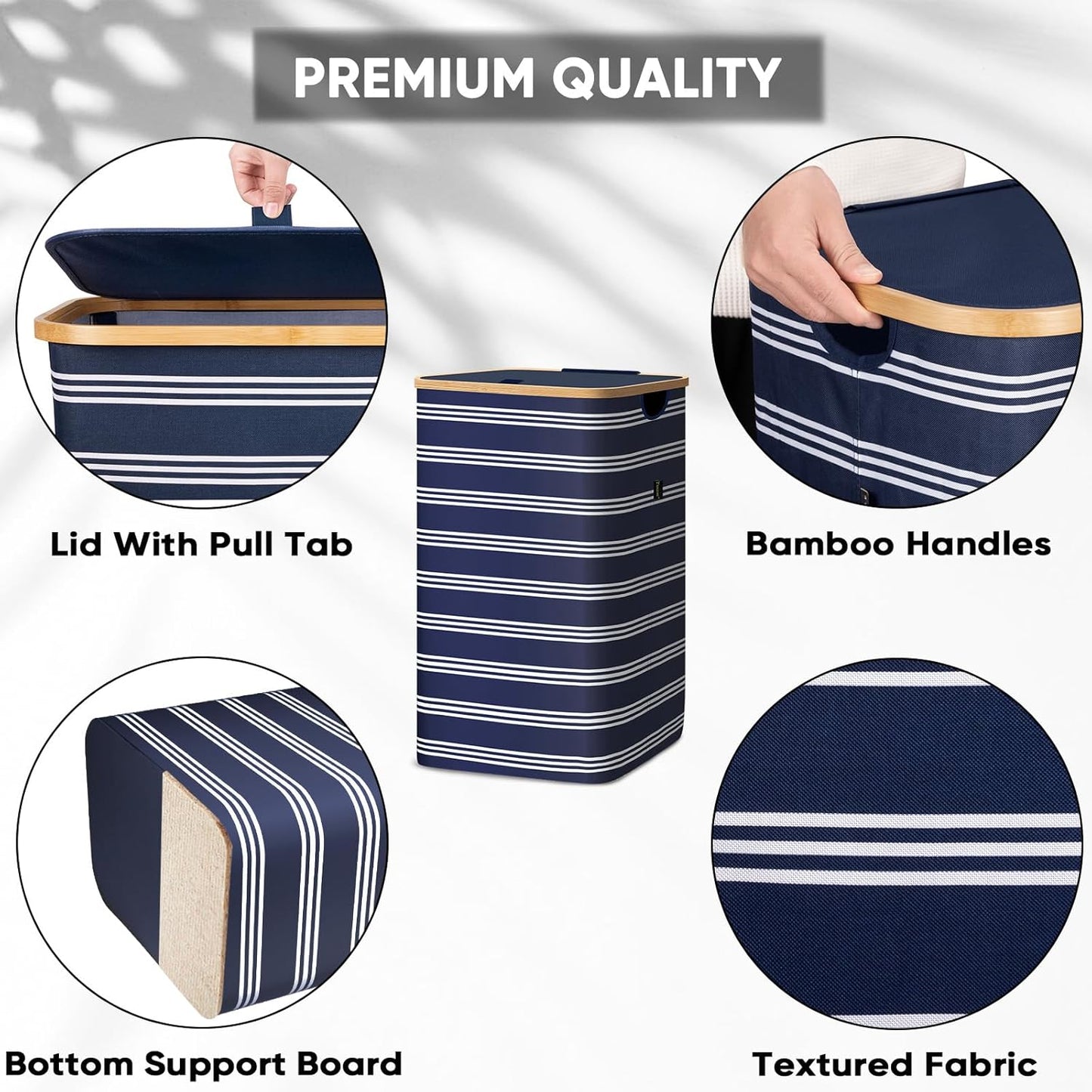 BALEINE Laundry Hamper with Lid, Tall Laundry Baskets with Bamboo Pull Handles, Large Laundry Bin with Internal Support (26 Gal/100L, Blue Pinstripe)