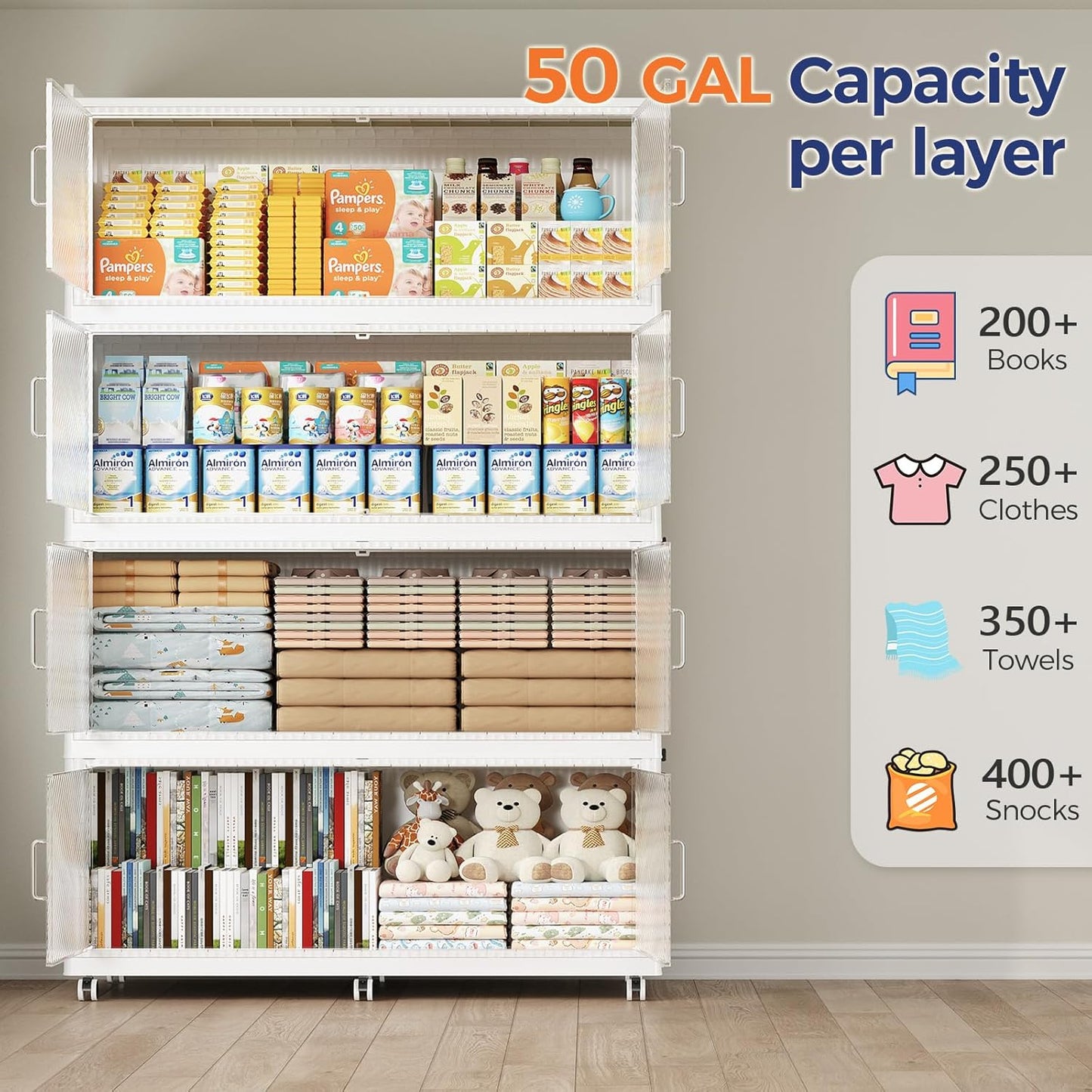 200GAL Extra Large Storage Bins with Lid, 800QT Collapsible Organizer with Wheels, Stackable Closet Cabinet with Doors, Folding Storage Containers for Home, Office, Dorm, 4Pack White