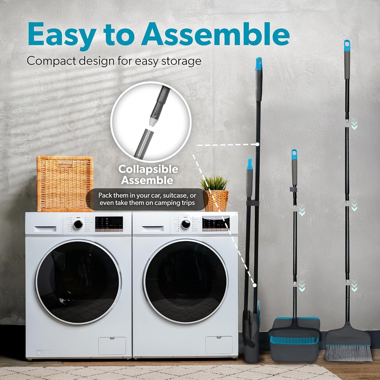 BLACK+DECKER Butler Broom & Dustpan Set - Short Handle, Stand-Up Design - Lightweight, Space-Saving Combo for Kitchen, Living Room, Bathroom, Lobby Floors - Home Cleaning Essential, Black/Blue