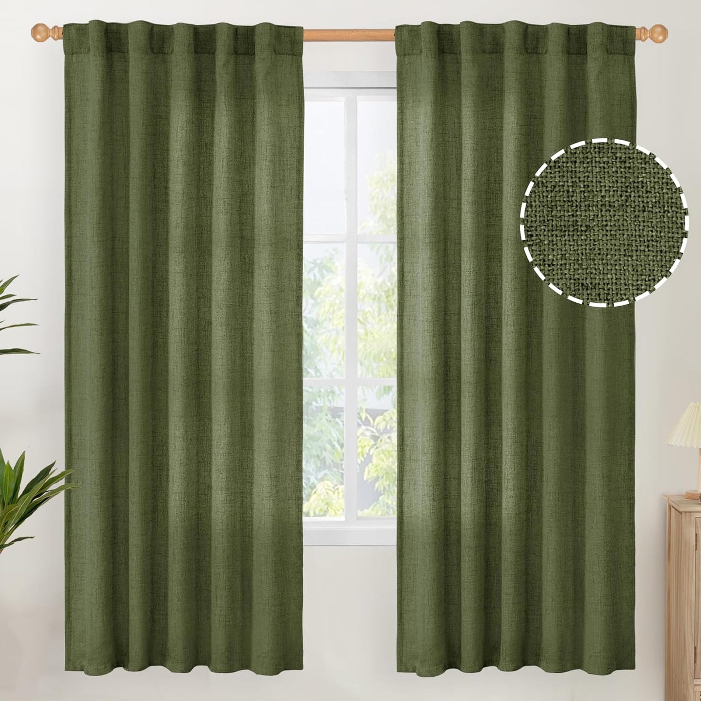 YoungsTex Olive Green Linen Curtains for Living Room 72 Inch Length, Light Filtering Rod Pocket Window Drapes Back Tab for Office Bedroom Farmhouse Lightweight, 2 Panels, 42 X 72 Inch