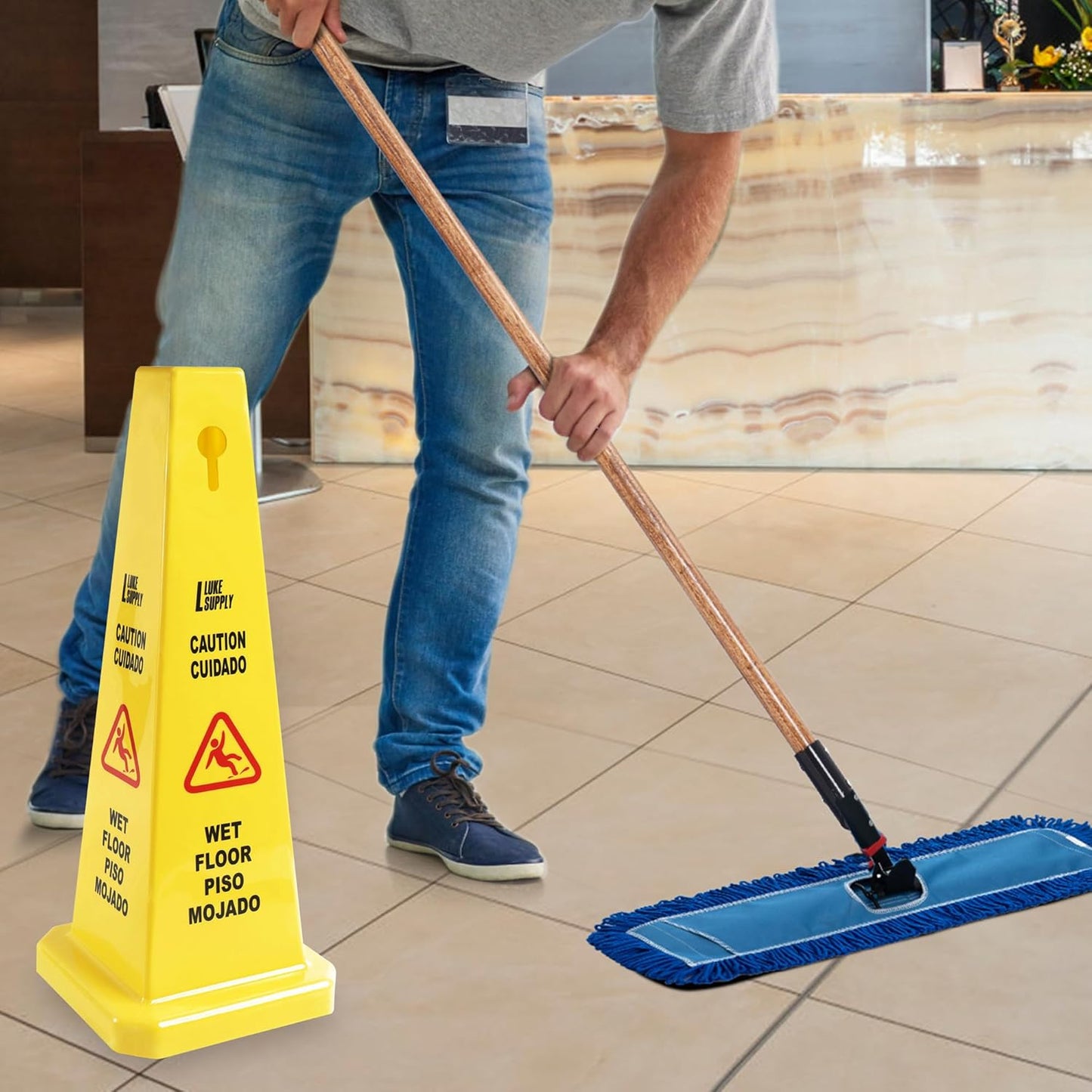 MATTHEW CLEANING 3 Packs 36” Caution Wet Floor Safety Cones for Indoors and Outdoors,Bright Yellow Caution Wet Floor Sign,4-Sided Bilingual Signs,Avoid Fall & Slip Accident