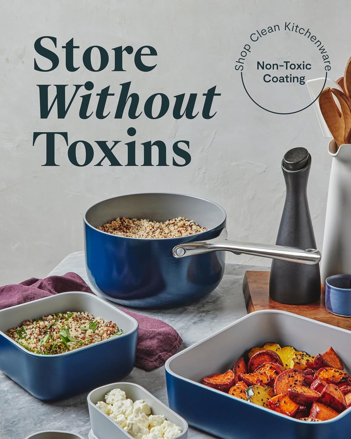 Caraway 6pc Glass Food Storage Set – 10 Cup Food Containers (6) - Ceramic Coated - Non Toxic, Non Stick with Lids - Microwave Safe - Gray